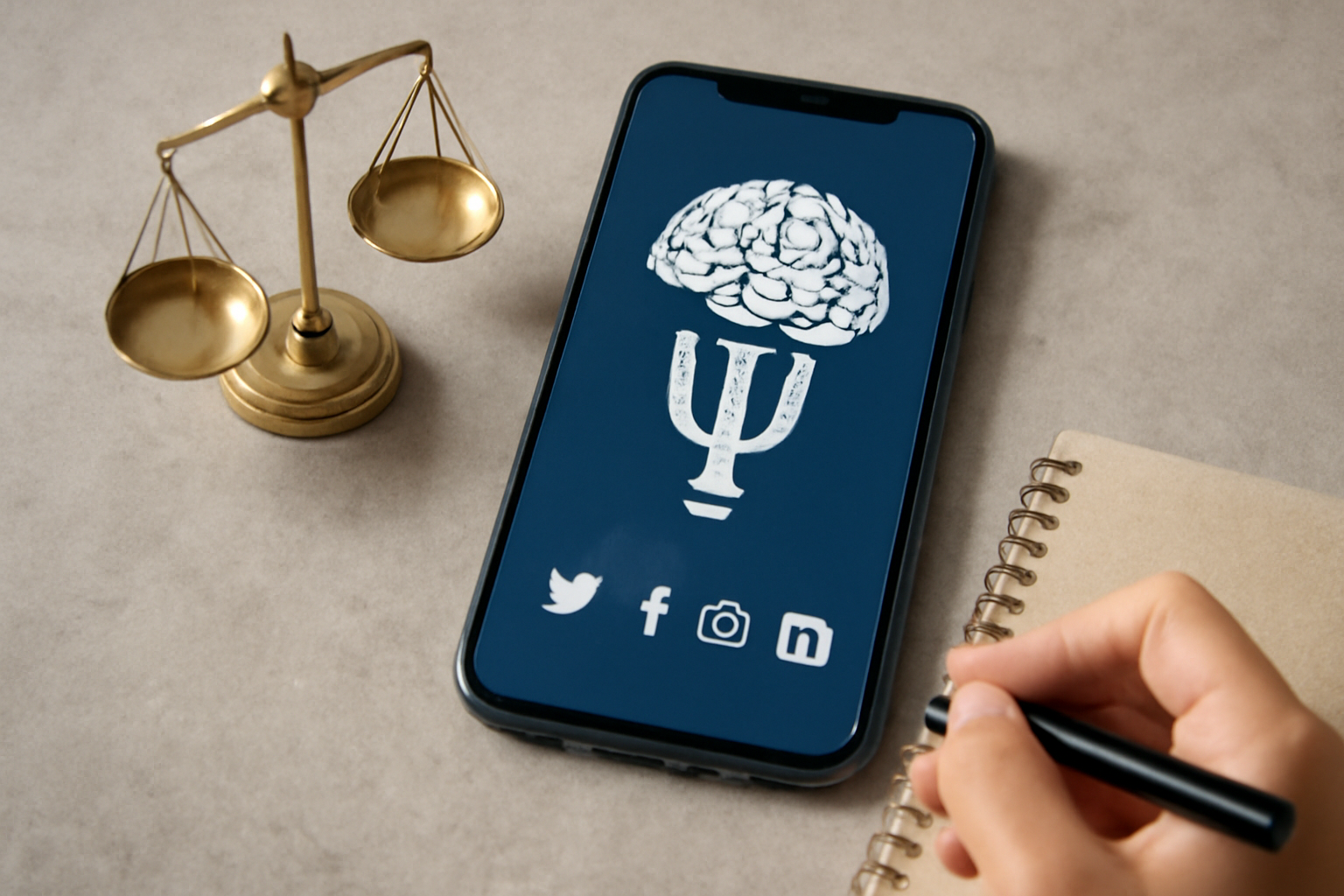 Psychologist at desk with laptop and social icons; blog post on social media marketing for psychologists