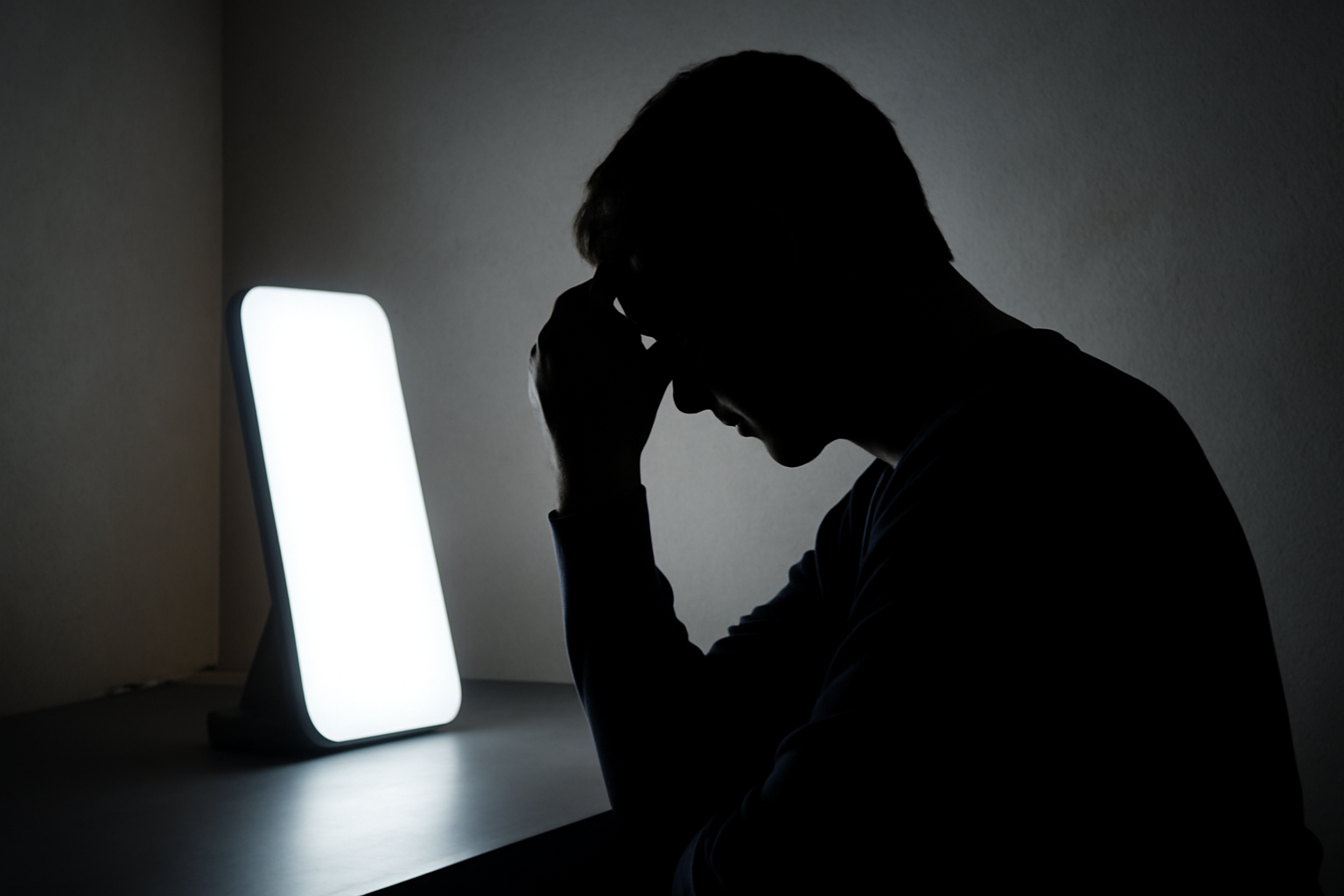 Person uses a bright light lamp; Seasonal Affective Disorder Light Therapy: Mood, Sleep, and Rhythm.