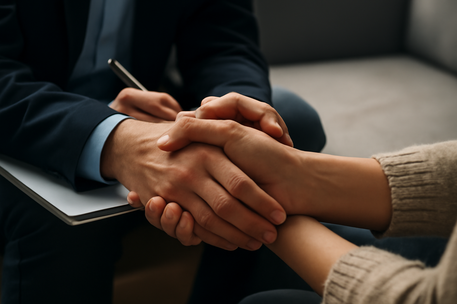 Therapist counsels a client in a quiet office about addiction recovery and choosing a counselor.