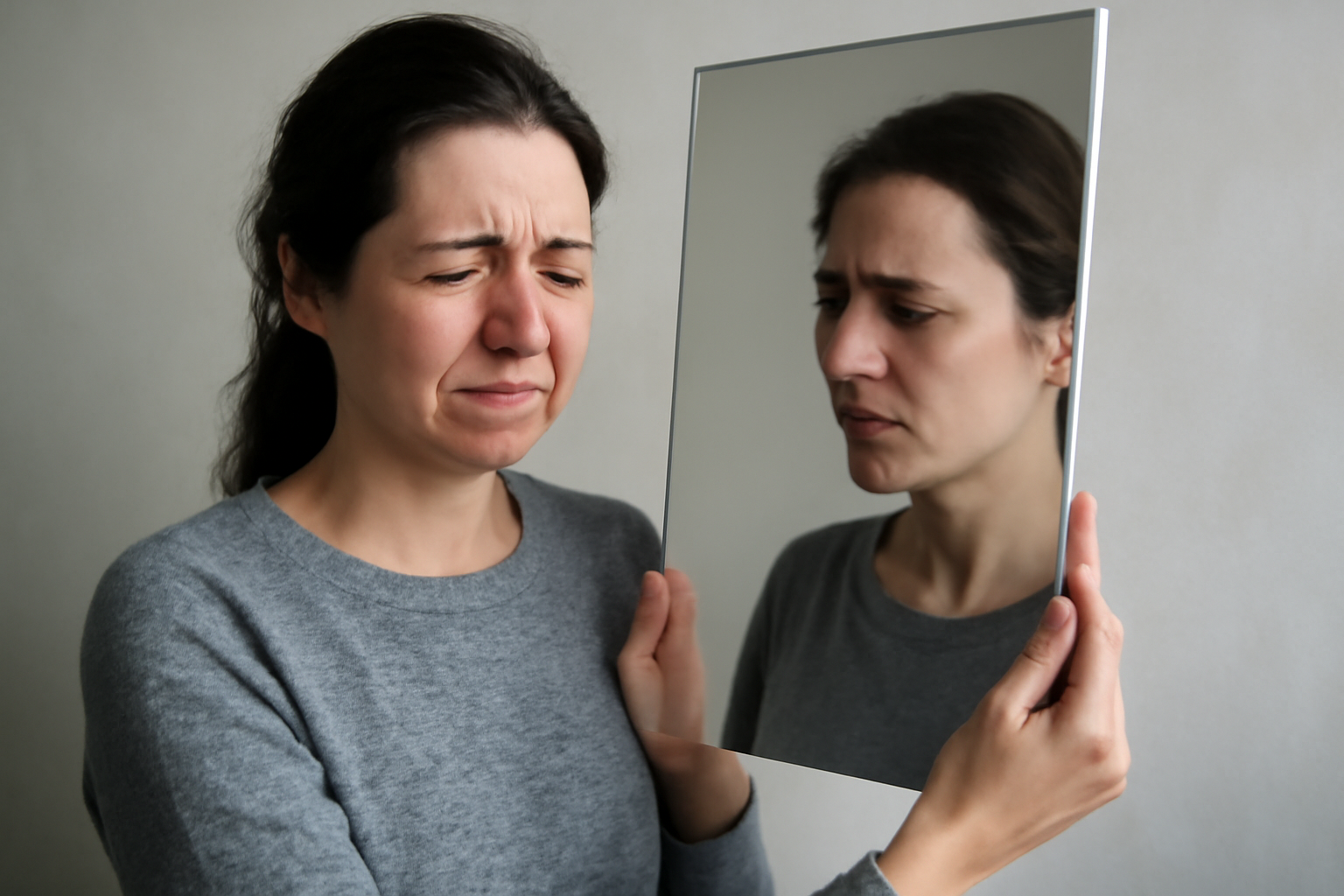 Person looks in mirror during therapy, reflecting CBT and ERP approach for body dysmorphic disorder.