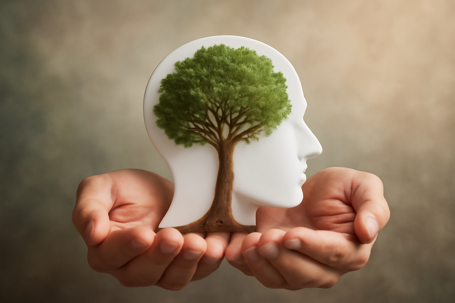 Person meditating in a tranquil garden with herbs and notebook, symbolizing holistic mental health.