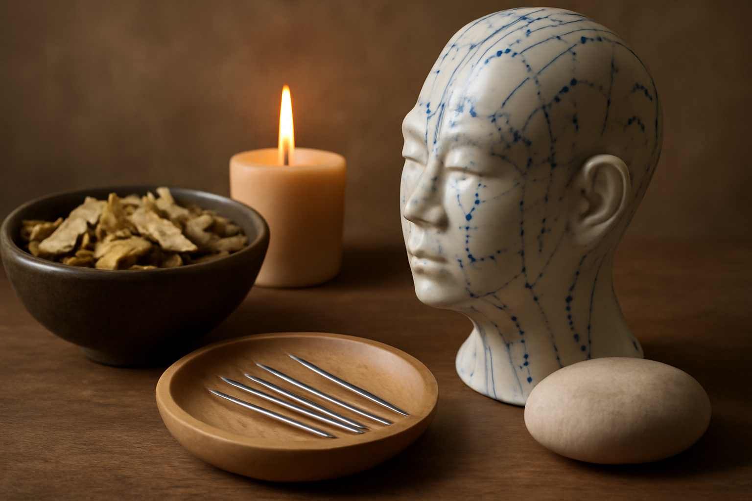 Person meditating in a calm setting with traditional Chinese medicine symbols for mental wellness.