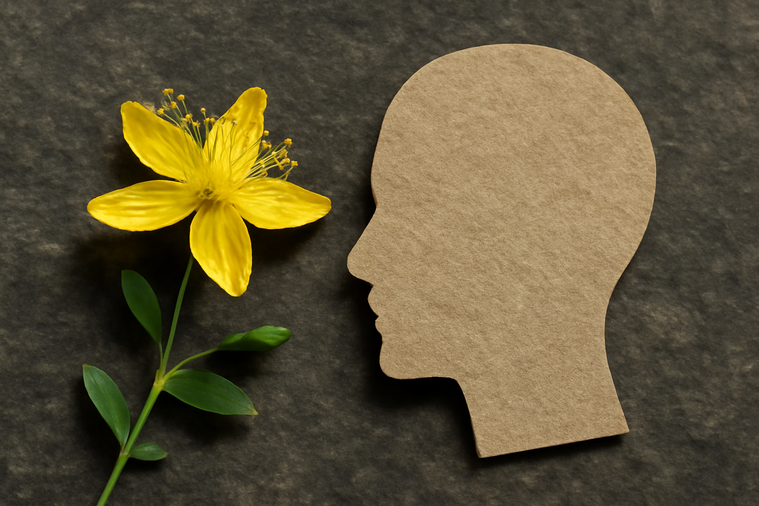 St. John's Wort plant with yellow flowers, bottle of capsules, and a depression safety guide.