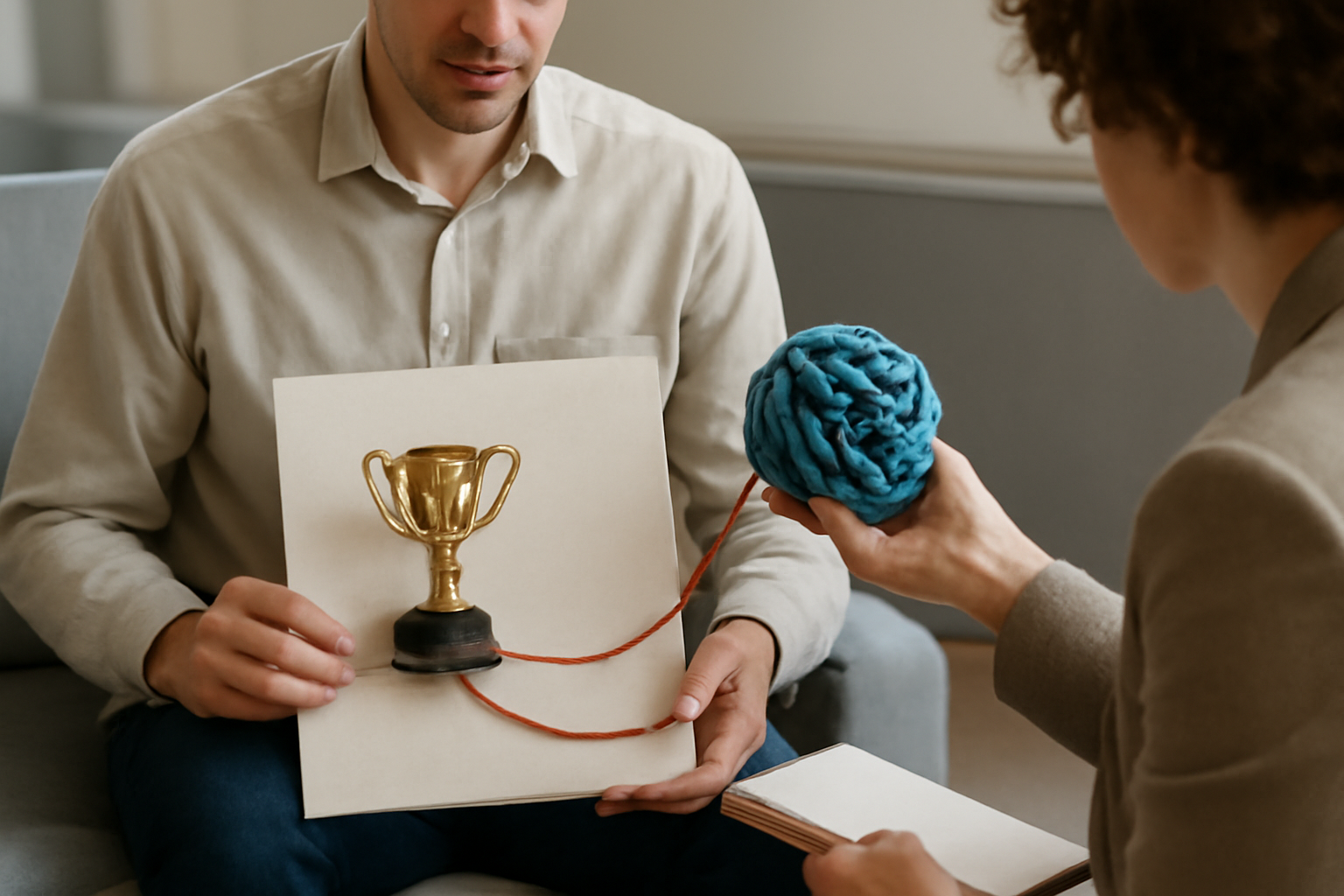 A person seeks therapy-guided path, climbing toward ambitious goals amid insecurity and doubt.