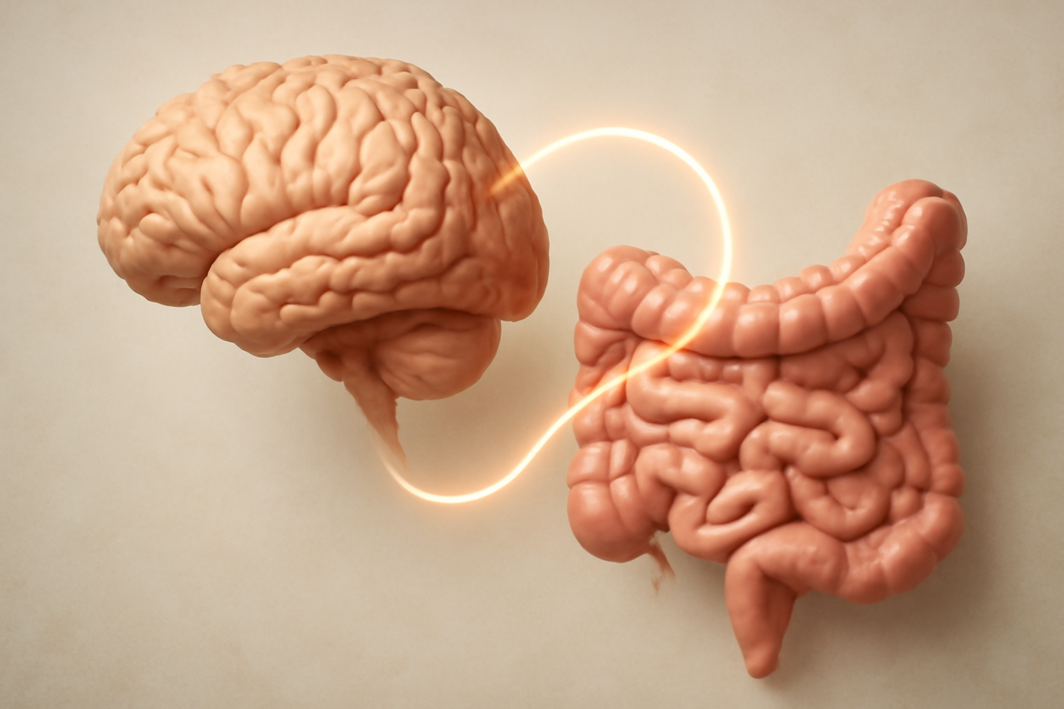 Gut-brain axis diagram linking gut microbiome to mood and cognitive health with arrows.
