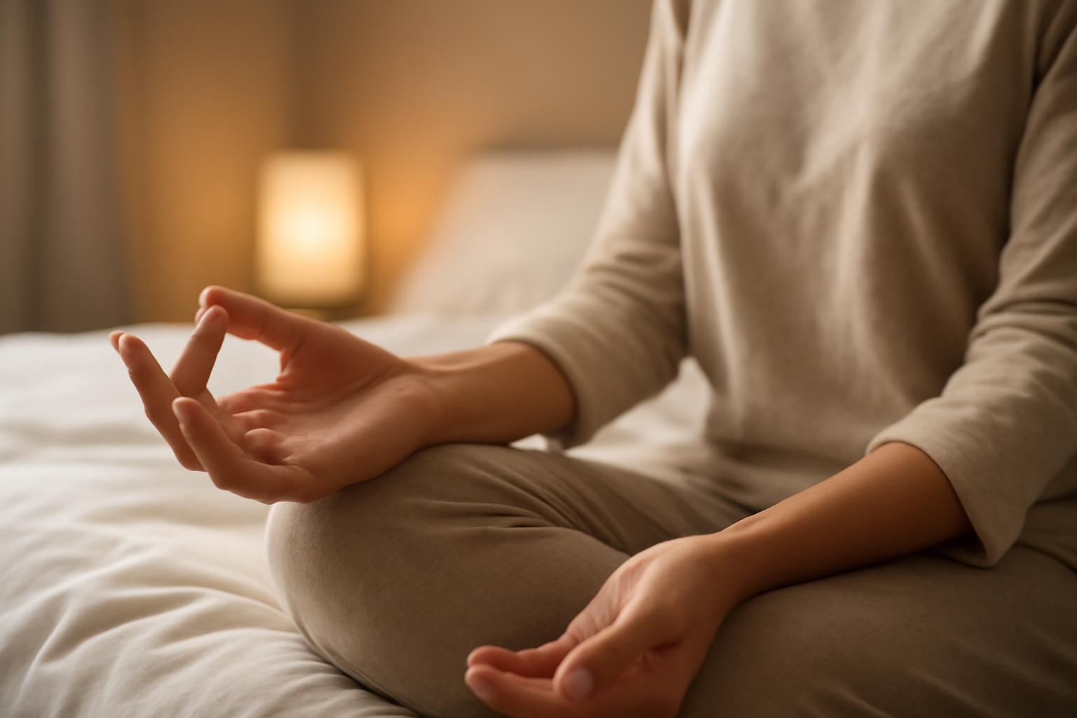 Person meditating beside a calm window; Practical Relaxation Techniques for calm mind and sleep.