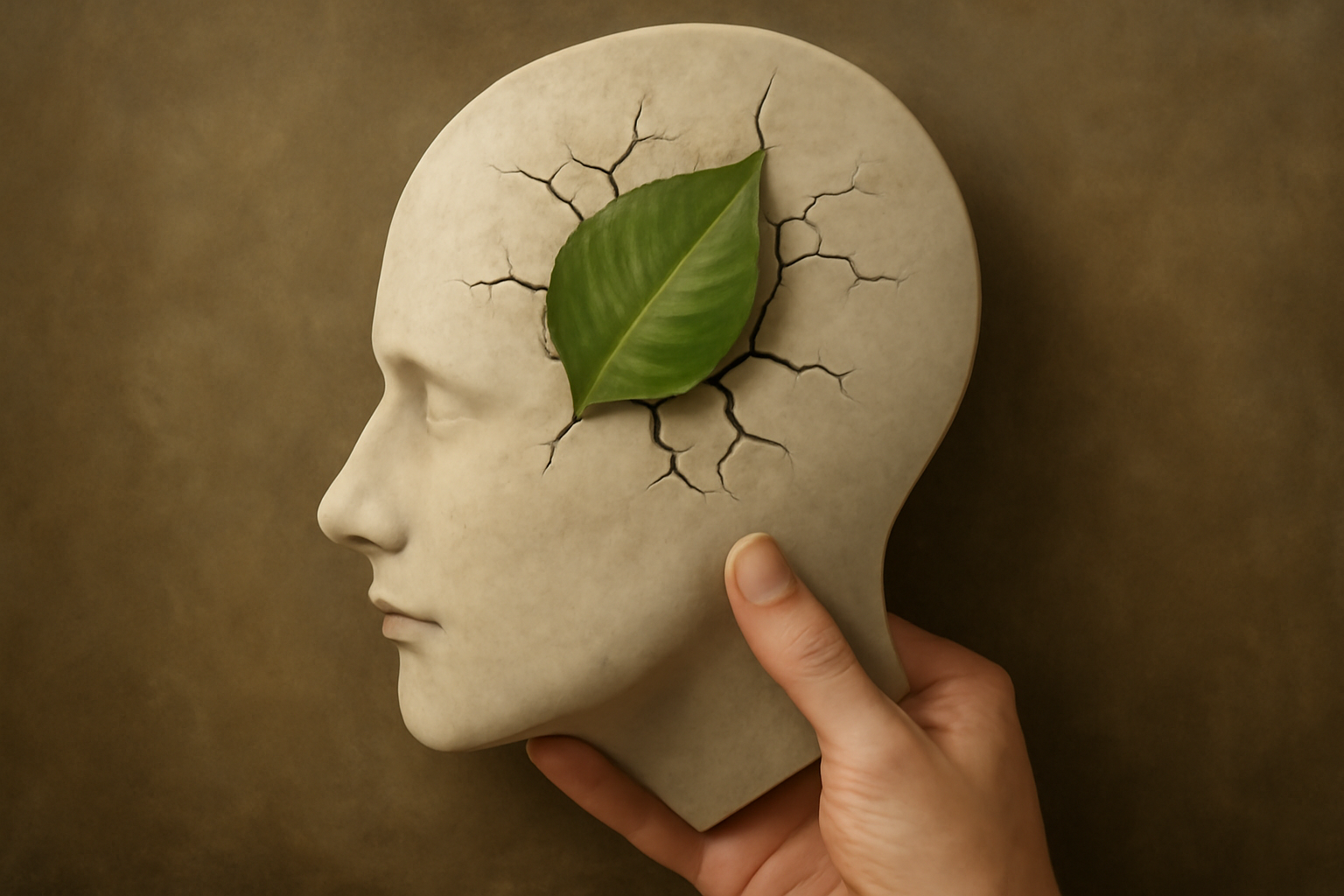 Meditating person beside a brain and herbs; post on complementary treatments for psychosis and recovery.