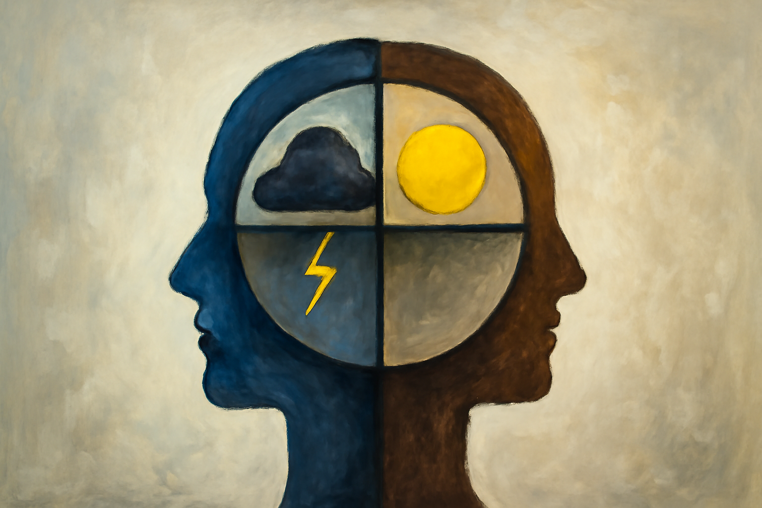 Illustration showing bipolar disorder signs, symptoms, and treatment options for a blog post.