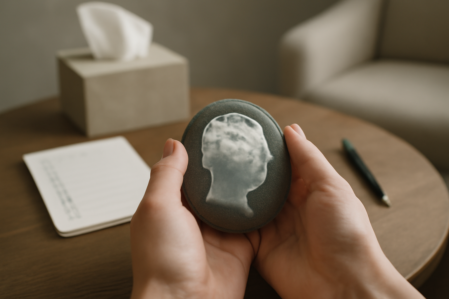 Person at a cluttered desk with decision cards and therapy tools, dealing with decision paralysis.