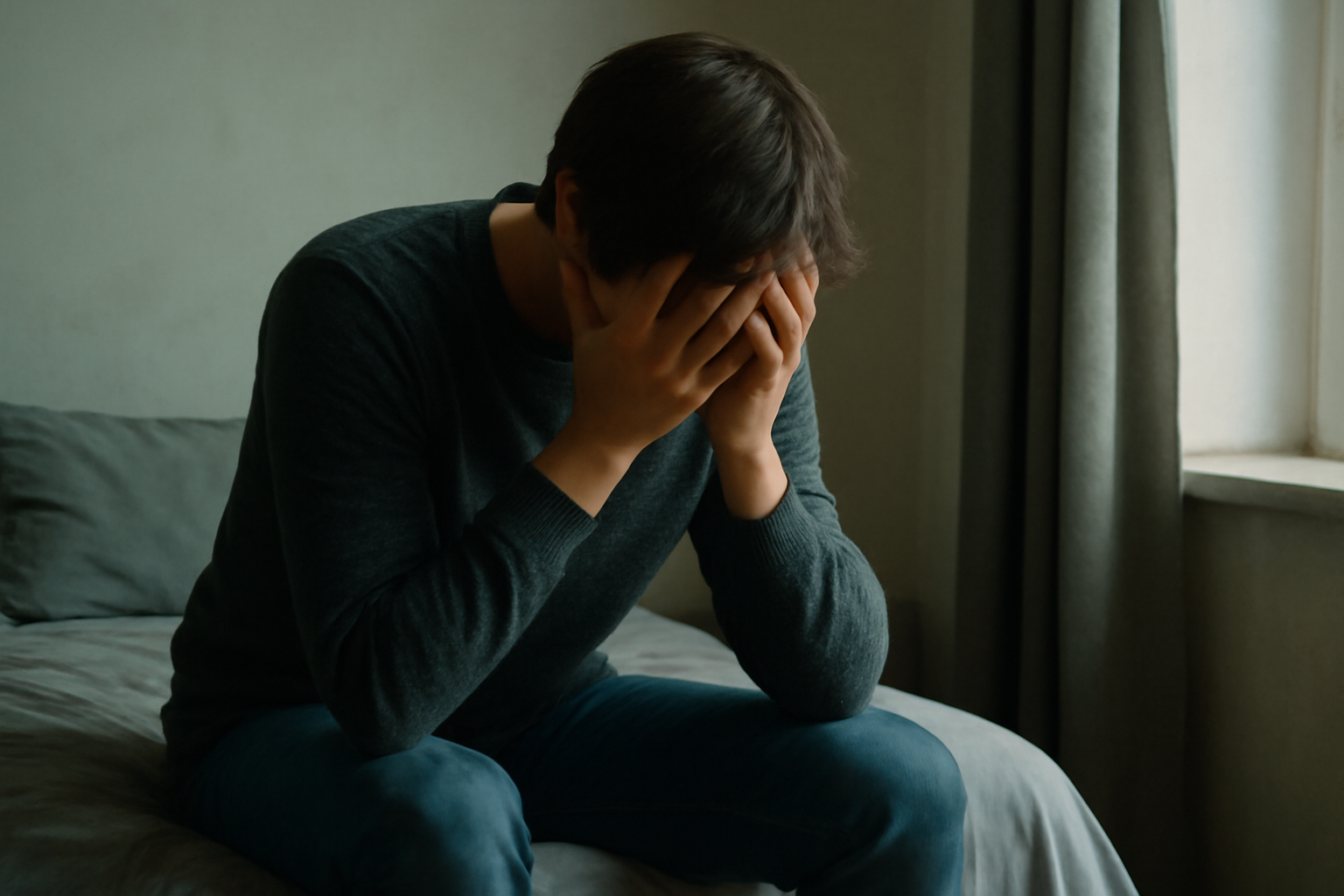 Person sits with head in hands beside a brain icon and help symbols, showing Depression Overview.