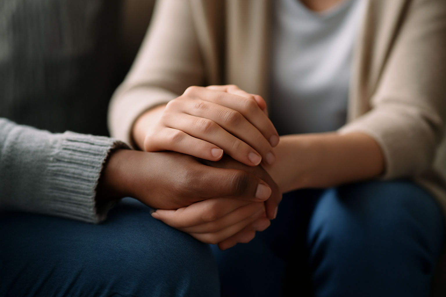 Calm person in a warm therapy room embraces vulnerability; Therapy for People Tired of Being Strong.