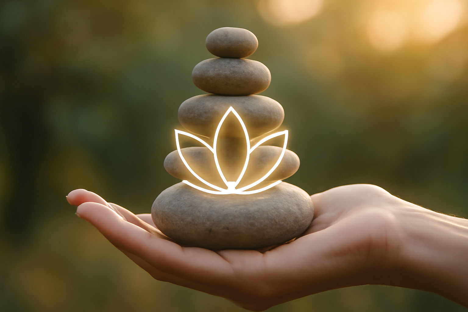 A person sits cross-legged in a tranquil setting, eyes closed, breathing slowly to regulate emotions.