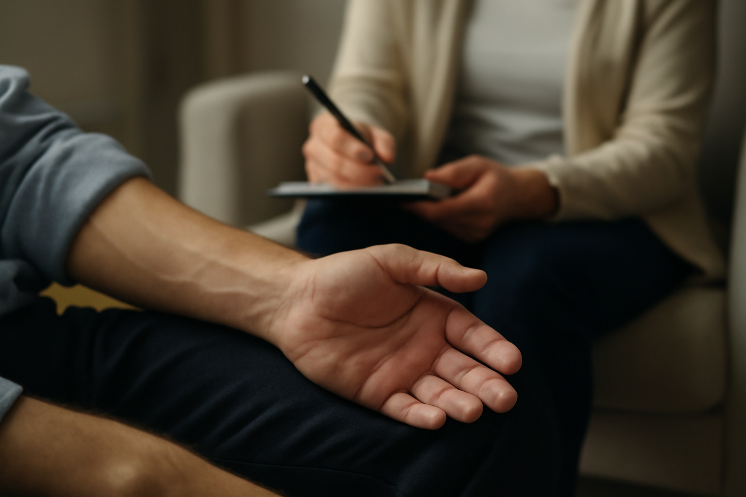 Burned-out high-performing professional at a cluttered desk, head in hands, seeking therapy for exhaustion.
