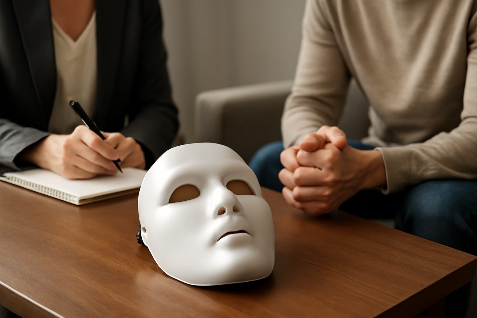 Person at a desk overwhelmed by goals, masks on, seeking therapy for ambition and exhaustion.