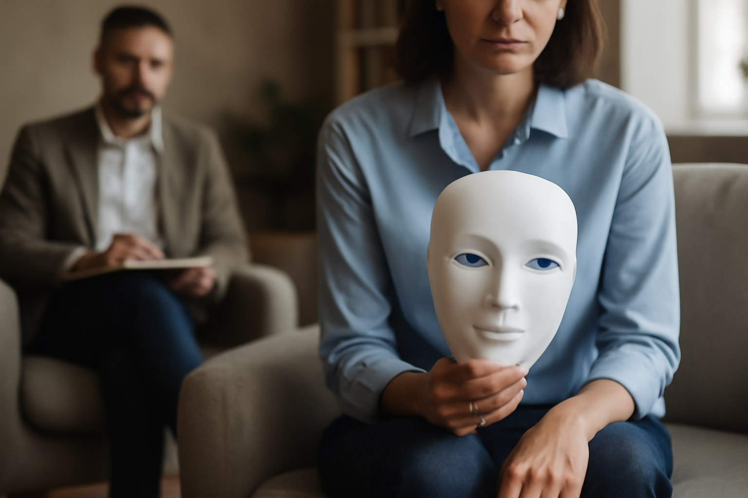 Tired office worker removes a mask, hinting at hidden ambition and burnout, emotional exhaustion.