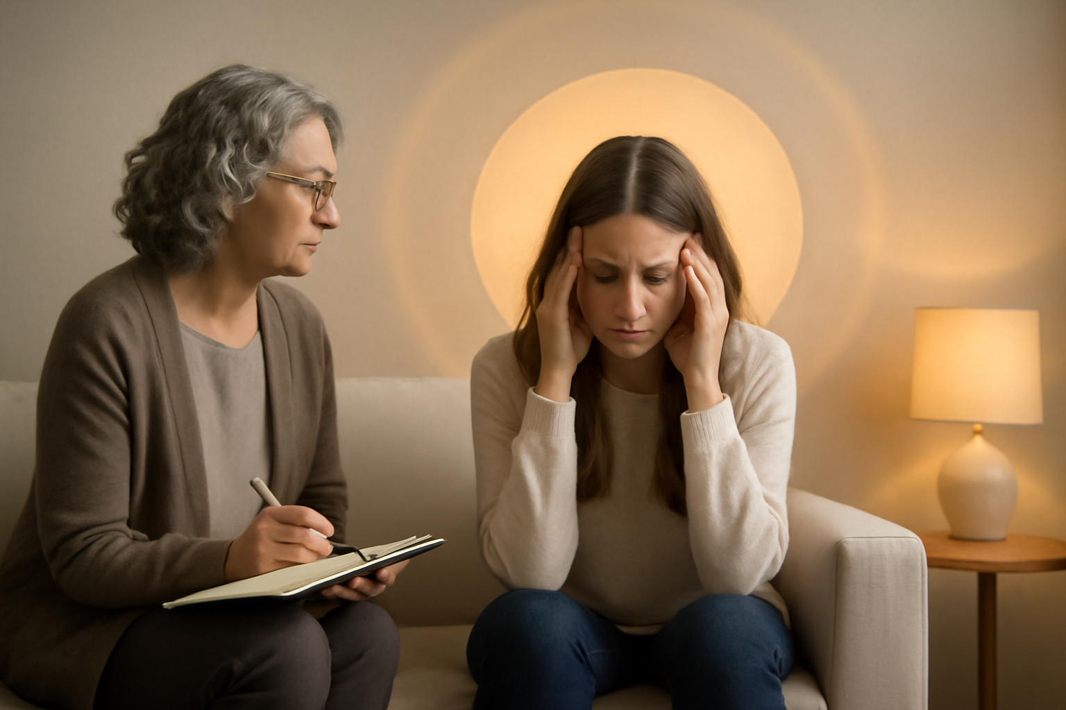 Therapist guides an overwhelmed person in supportive talk; blog post on high empathy and overload.