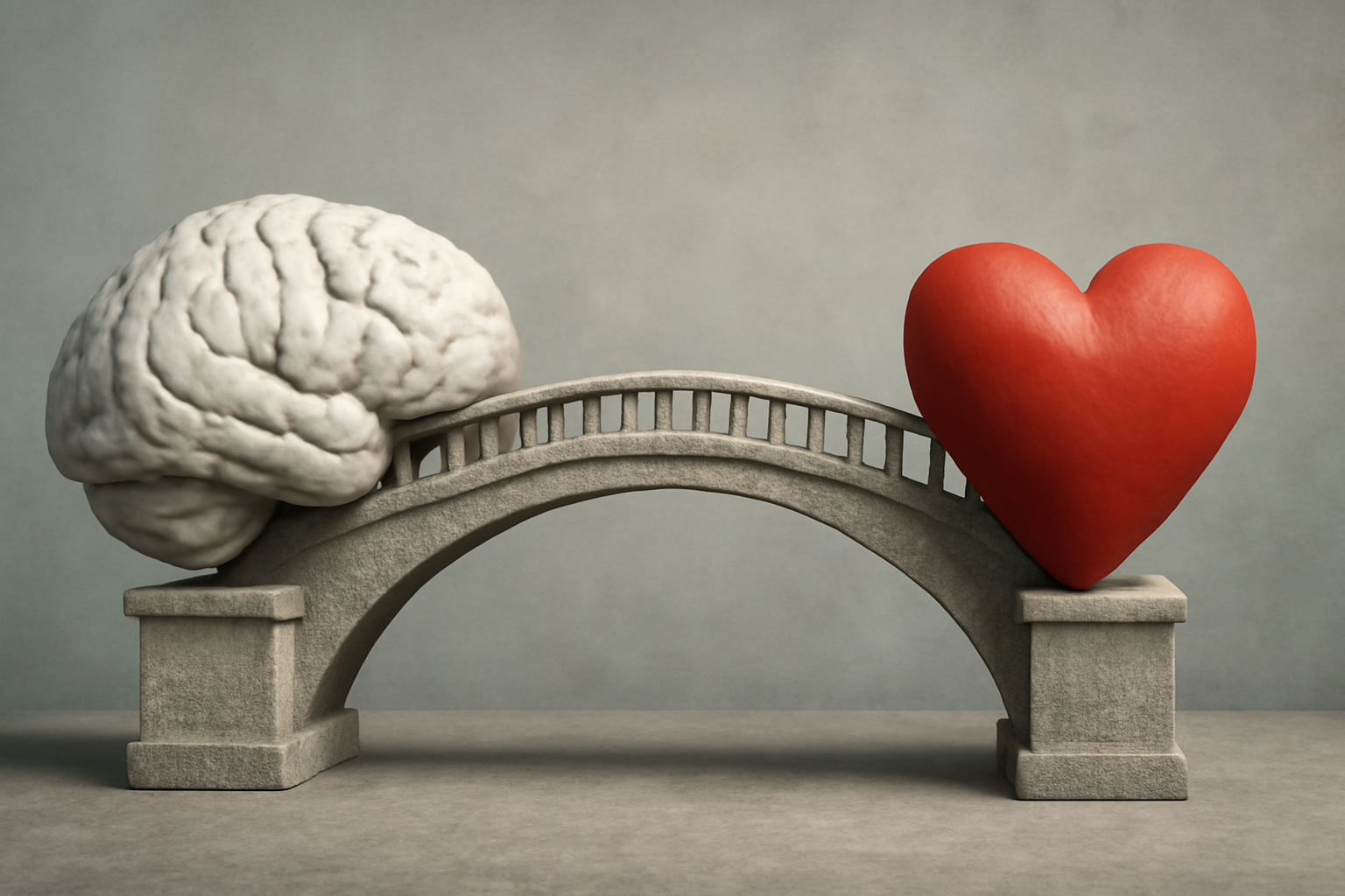 Brain and heart linked by a gear bridge, symbolizing mind-heart bond via emotional processing therapy.