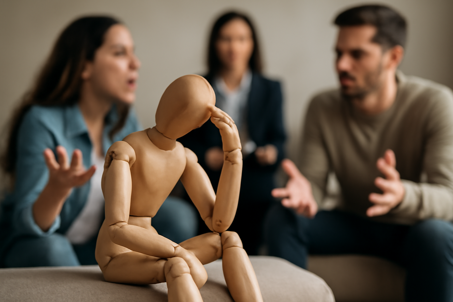 Couple in therapy with a mediator guiding dialogue to manage emotionally loud relationship dynamics.