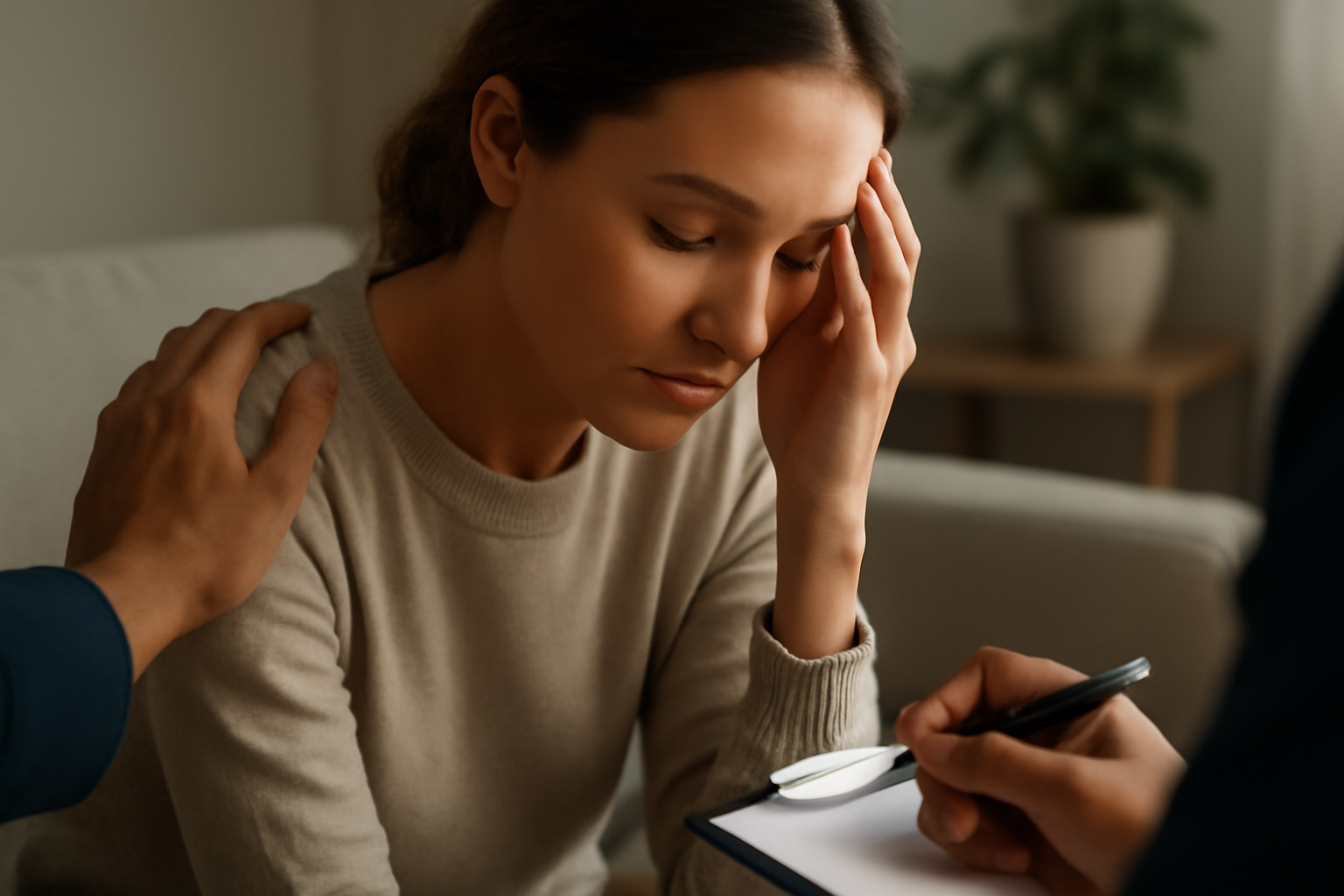 A person in a therapy session practicing deep breathing and grounding for emotional regulation.