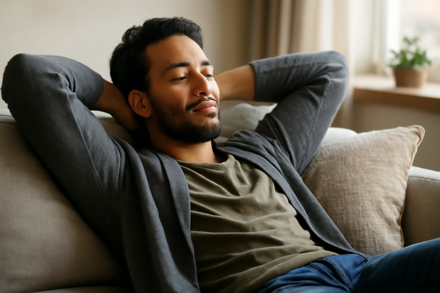 A person relaxing in a cozy living room with a book and warm lighting for deliberate downtime.