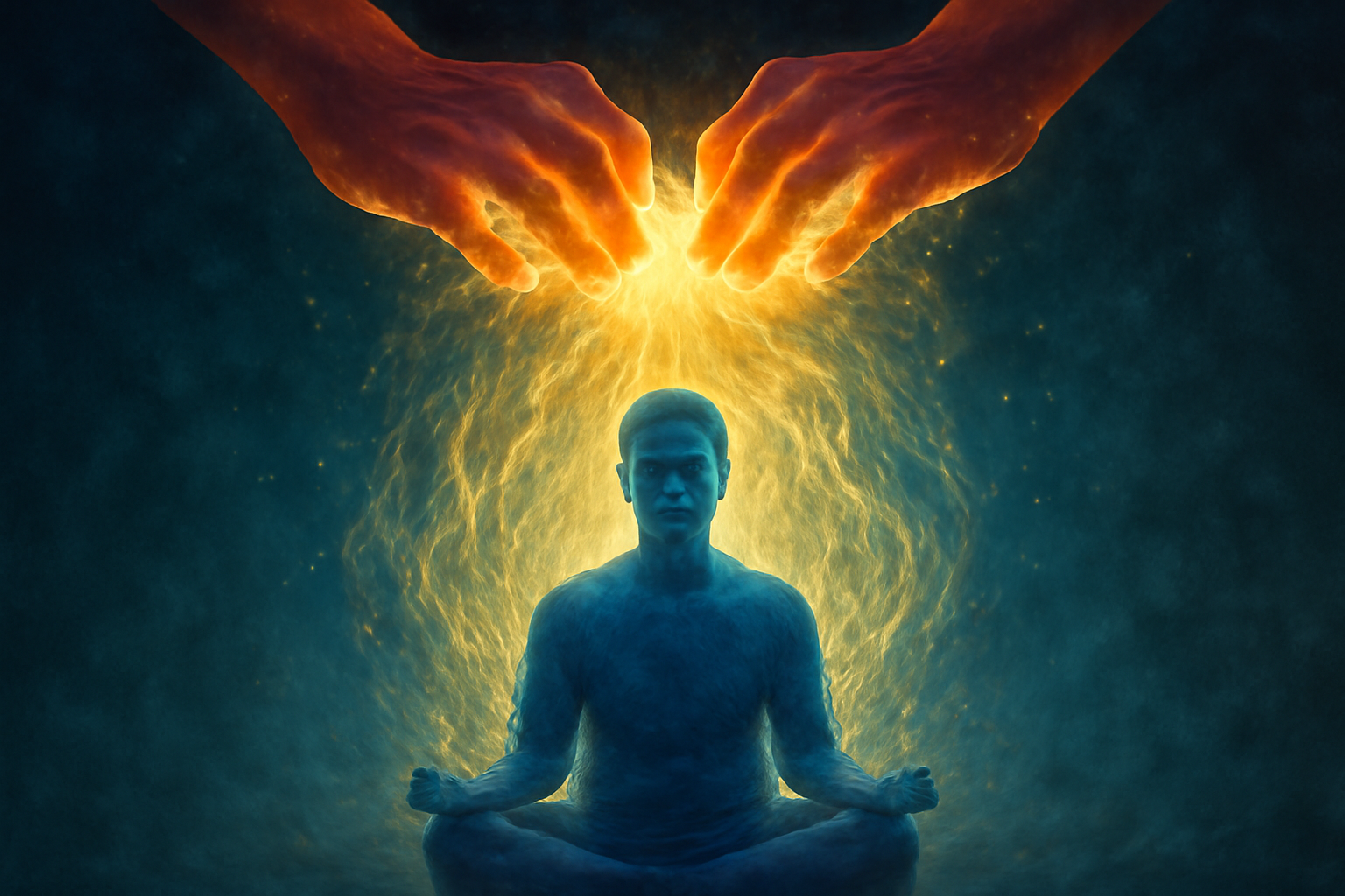 Person seated cross-legged with soft glowing energy at chest, mood resilience &amp; depression.