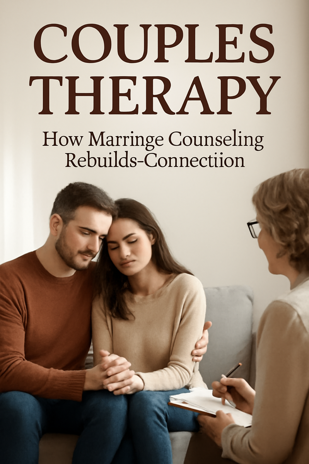 Couple in therapy session, learning to reconnect; blog post on marriage counseling.