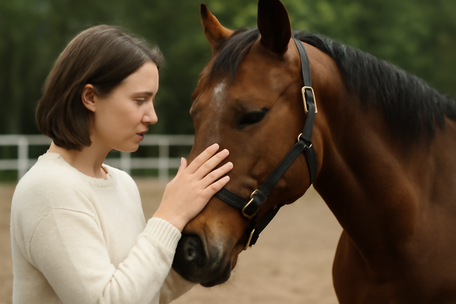 Person guides horse in therapy setting, highlighting equine therapy benefits and core principles