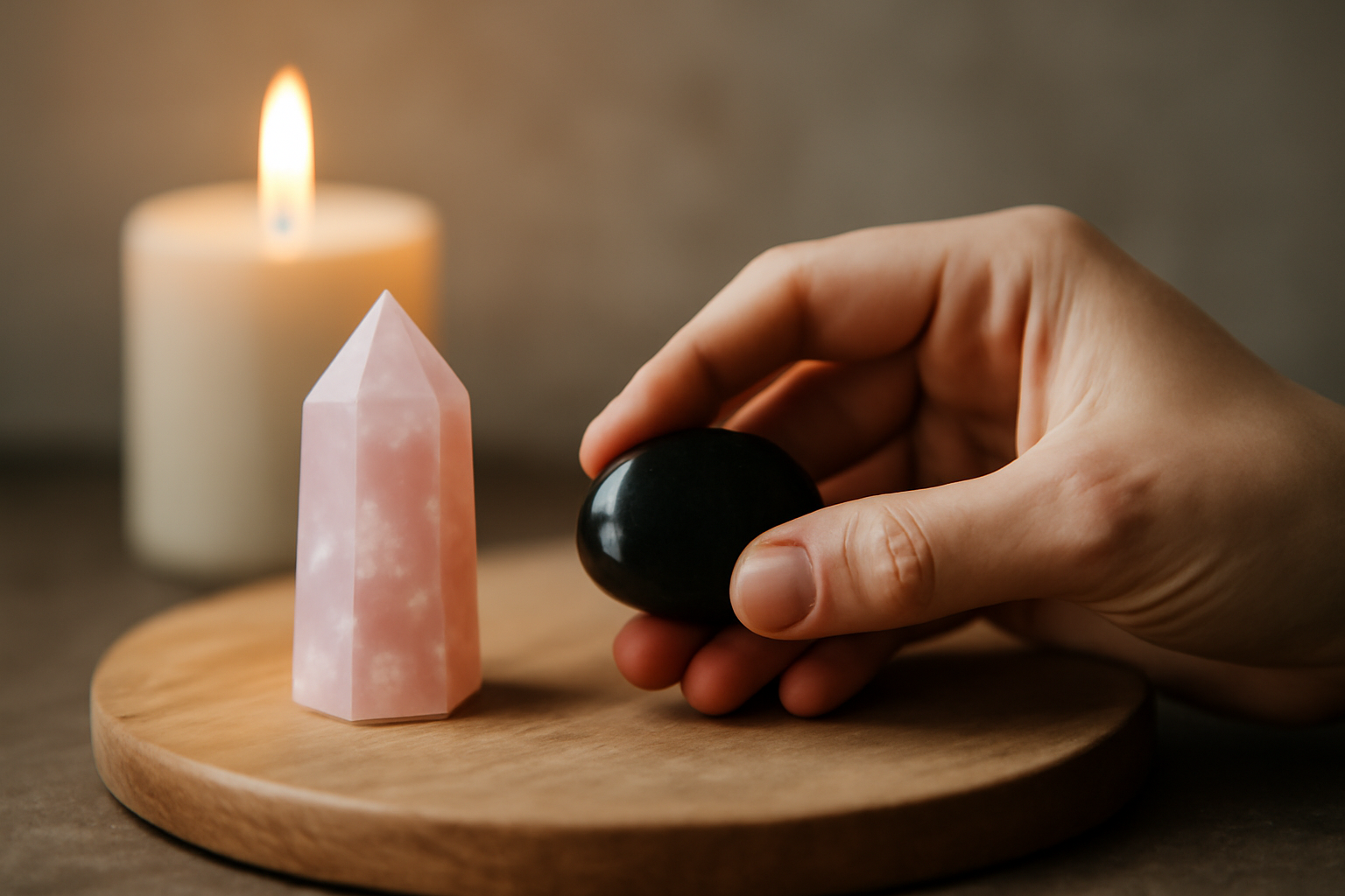 Crystals beside a notebook titled What the Evidence Says About Crystal Healing for Mental Wellbeing