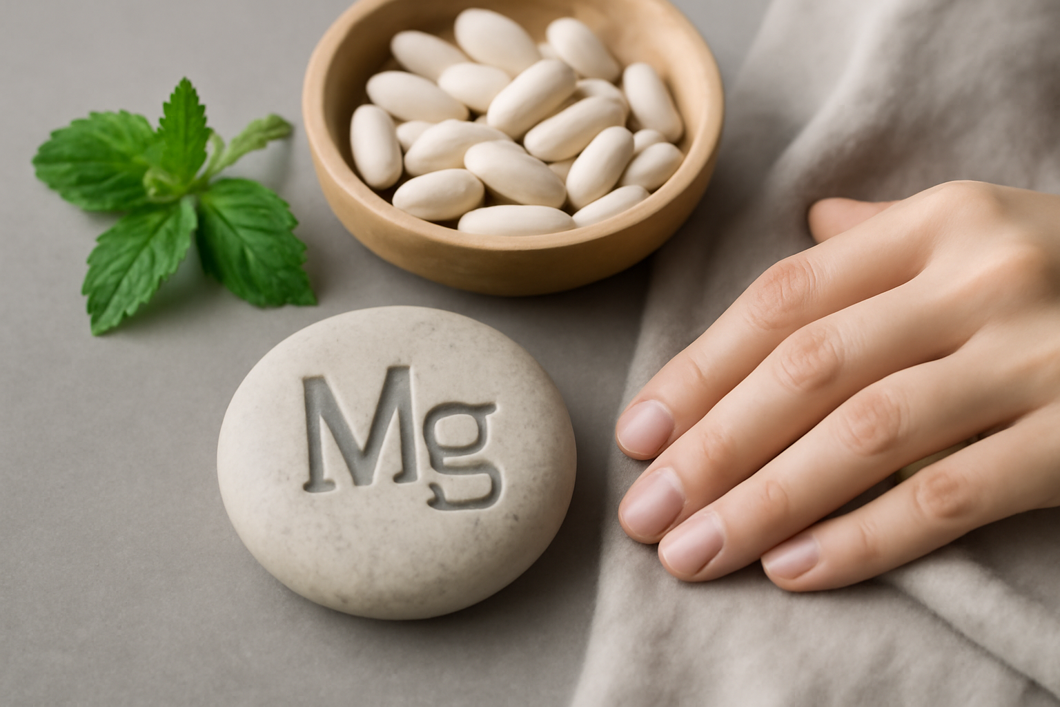 Magnesium supplement bottle with pills on a calm desk, reflecting mood, sleep, and anxiety relief.