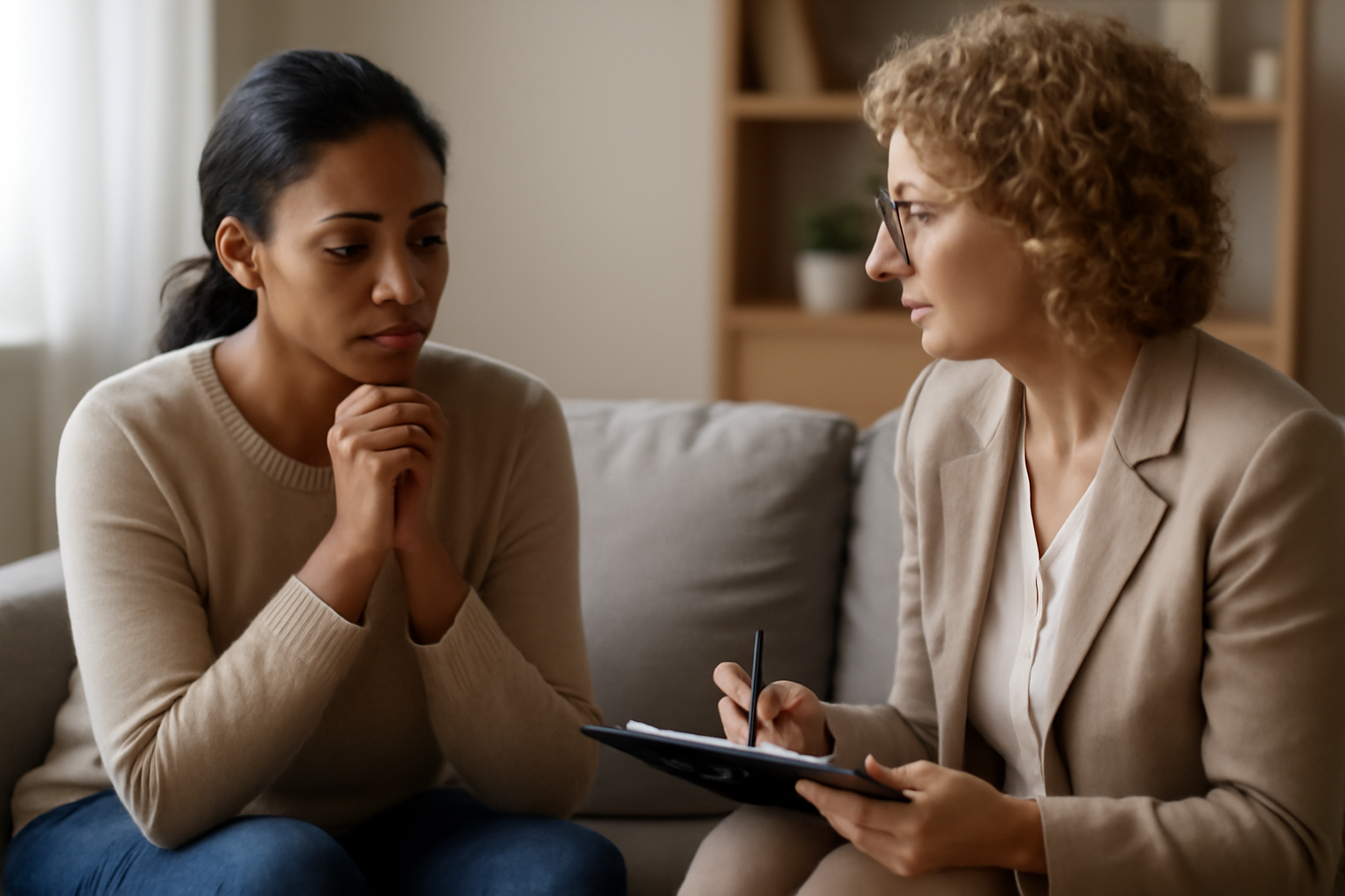 Therapist listens to a client in a calm office, illustrating what mental health counselors do and how to find the right therapist.