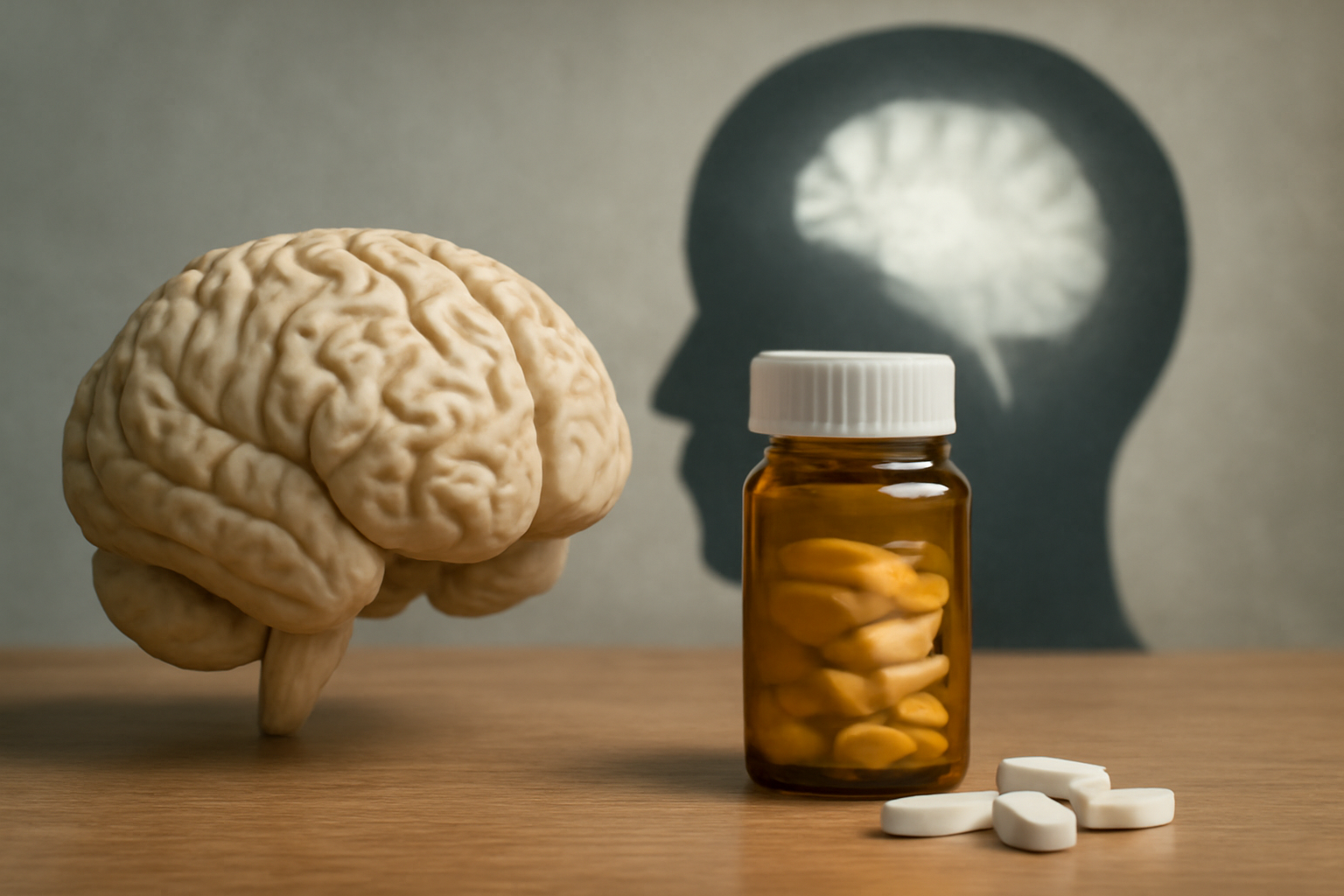 Pill bottle, brain diagram, and notebook on Anticonvulsants and Mood Stabilization in Mental Health Care.