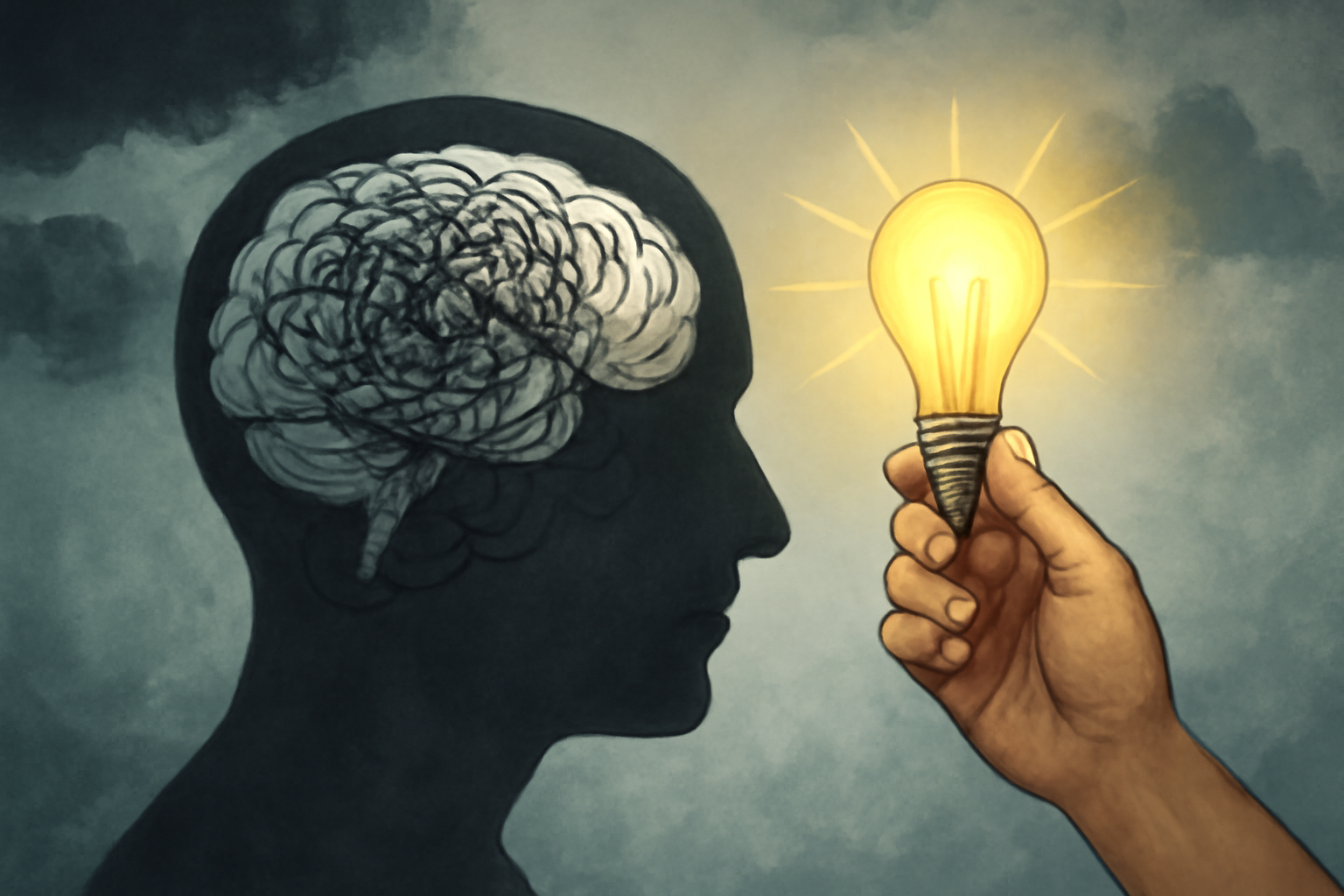 Person seated with brain diagram and pills, understanding mild schizophrenia symptoms.