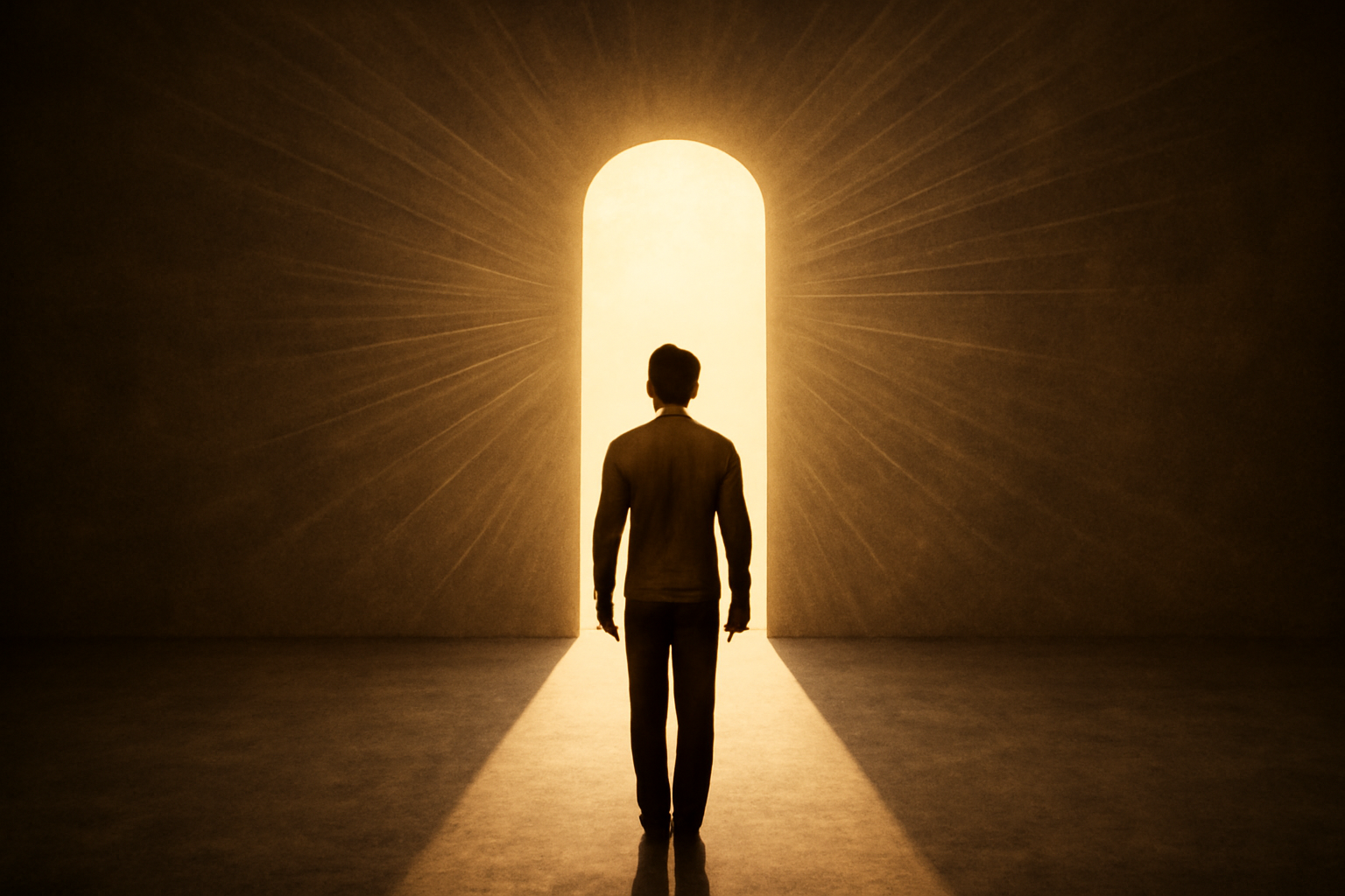 Person at a crossroads, contemplating as soft light highlights themes of meaning and mental health.