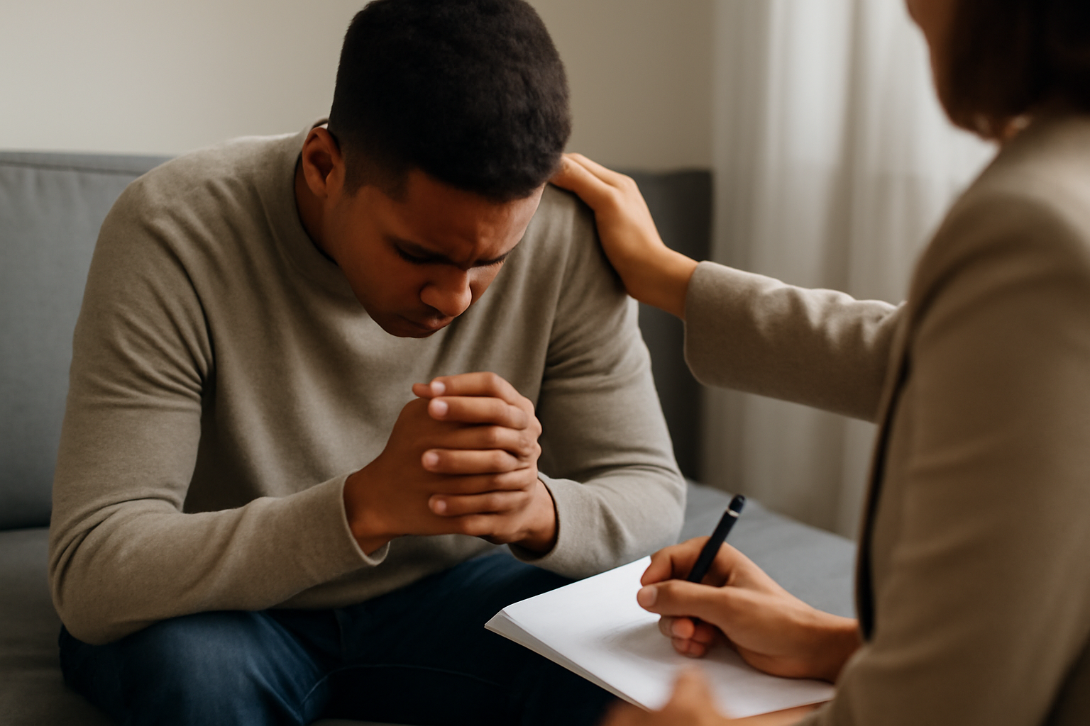 A student in therapy discussing anxiety and performance pressure as a first-generation student.
