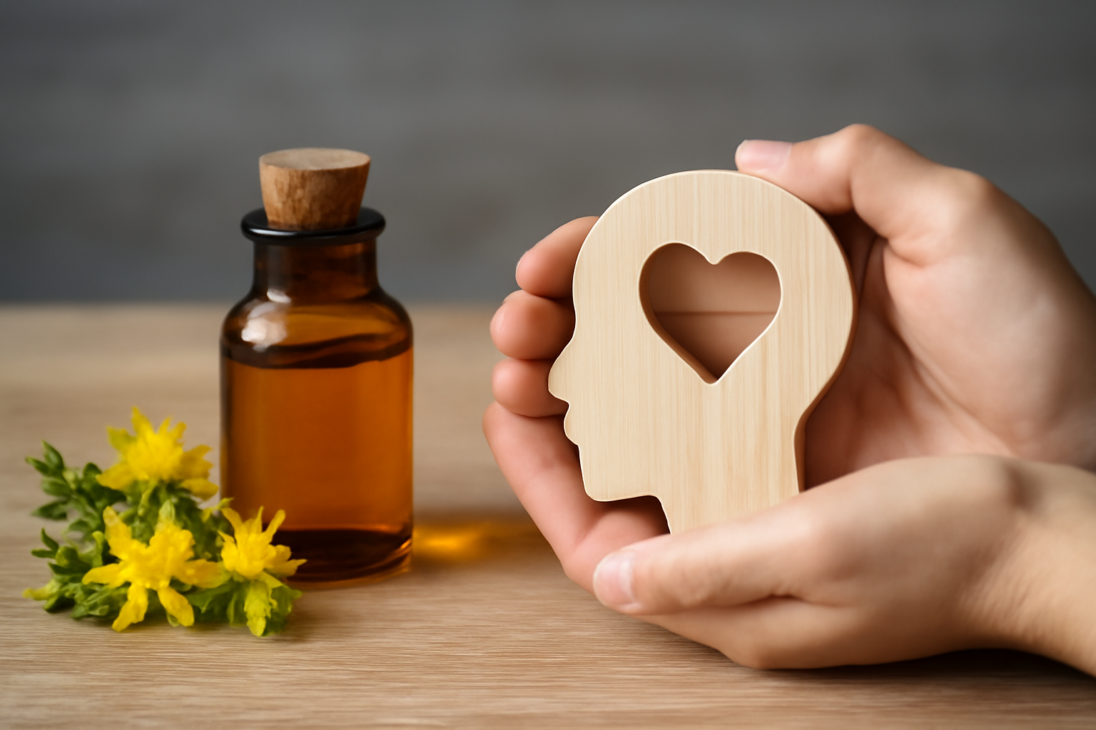 Herbs, teacup, and a page titled Evidence Based Herbal Remedies for Depression Mood Support