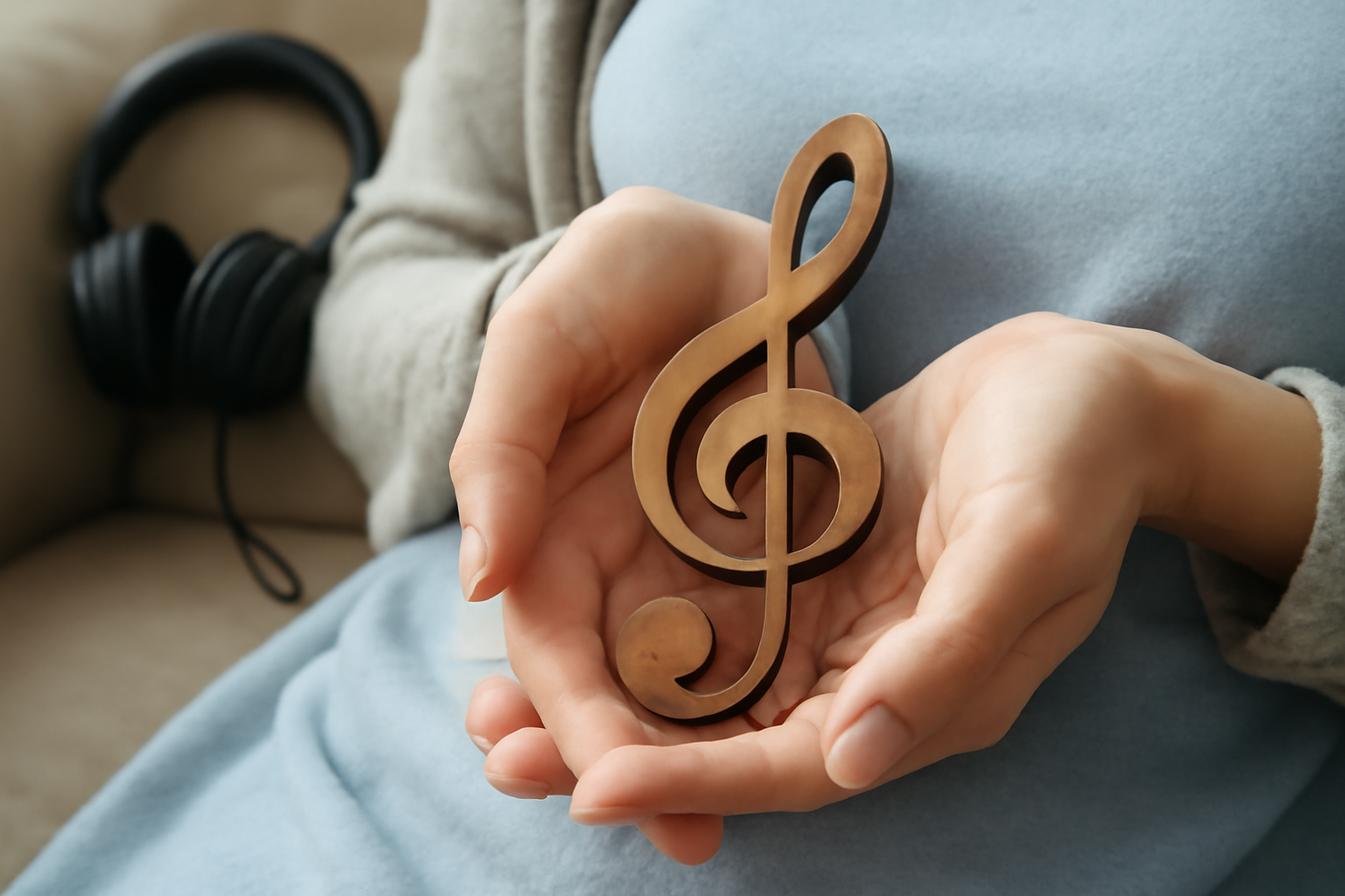 Person with headphones and soft music notes; music therapy for anxiety—how it works and what to expect.