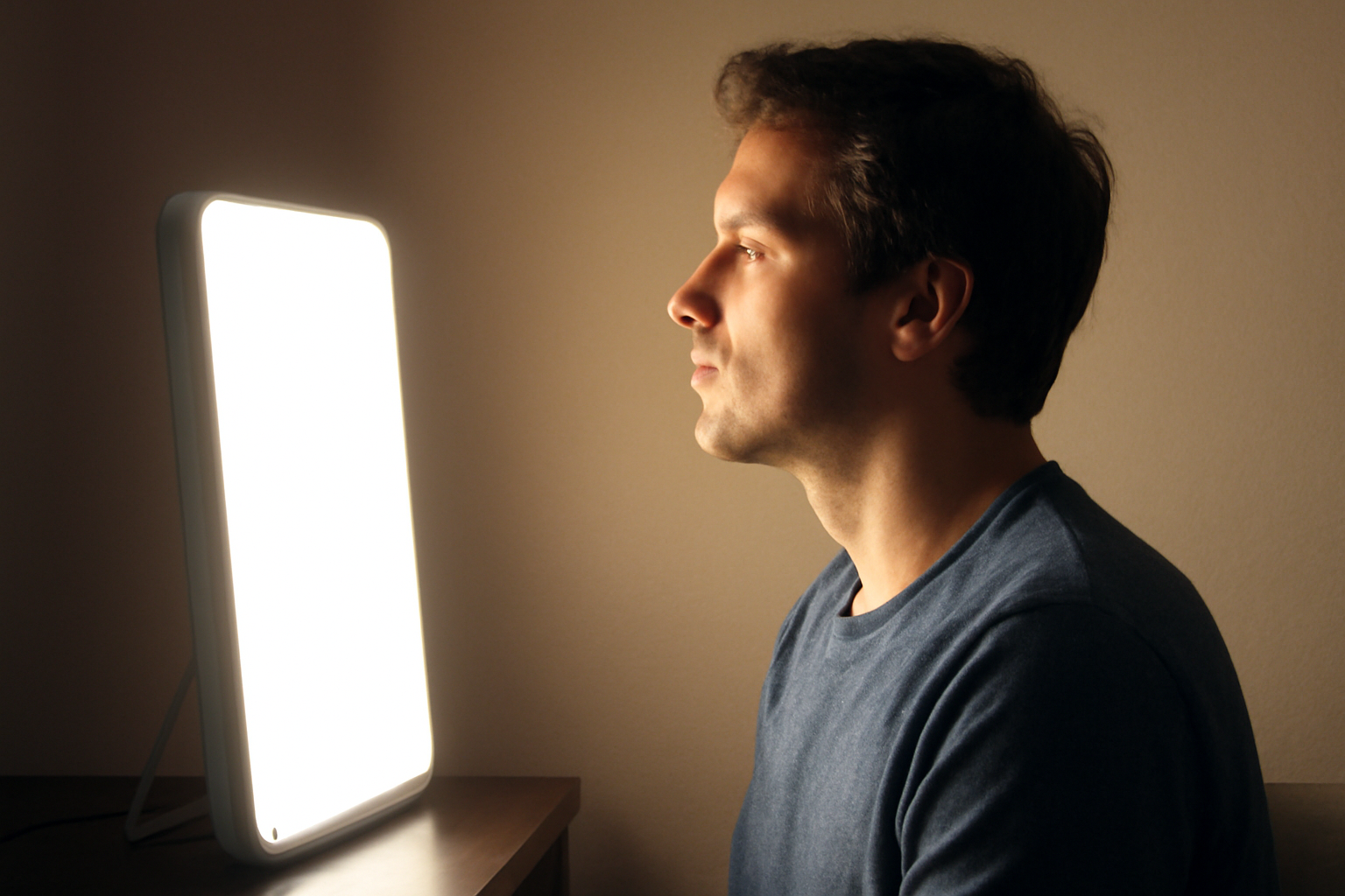 Person sits beside a bright light therapy lamp, boosting mood and sleep for SAD.