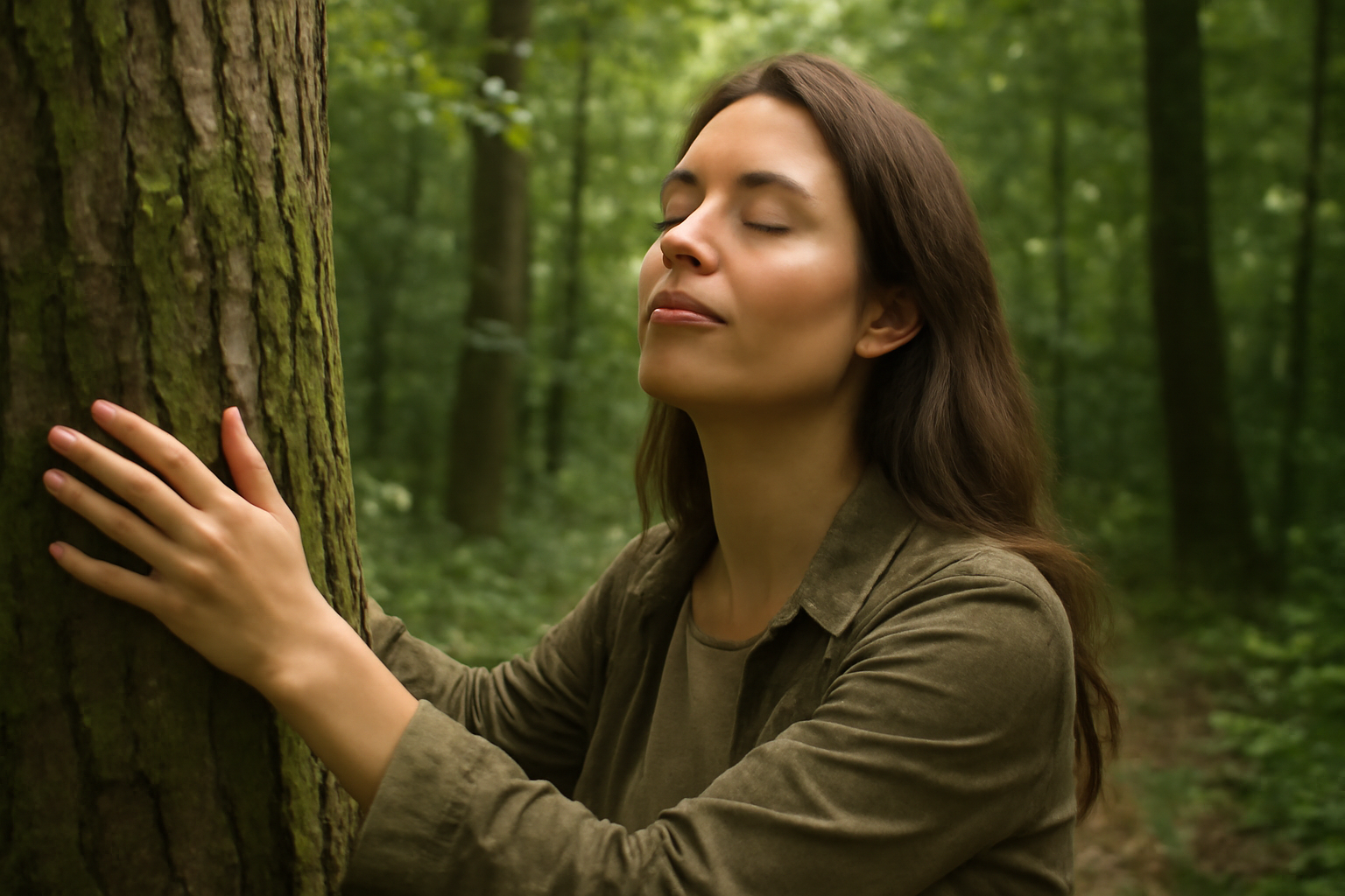 Sunlit forest scene, a person walks a mossy path, embracing Shinrin Yoku for mental health.