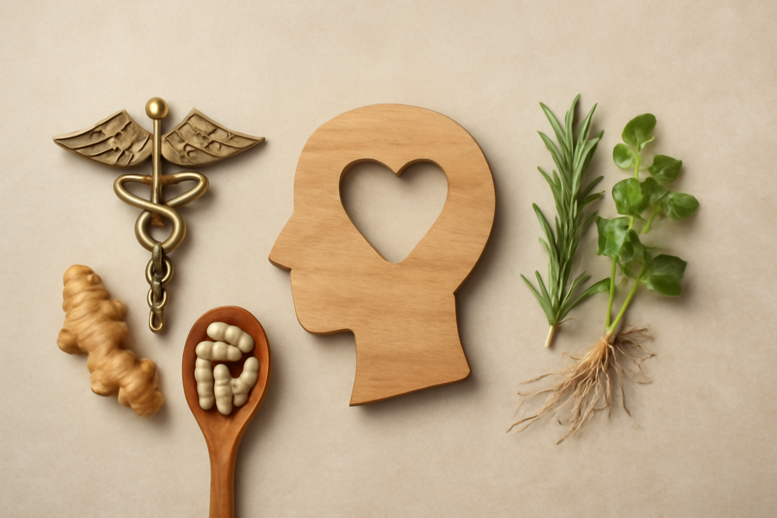 Brain diagram with wellness icons and medical symbols illustrating functional medicine for mental health.