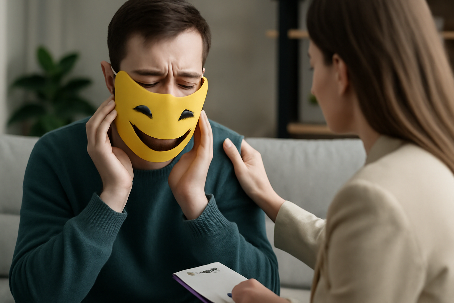 Therapist and client in a warm office share a smile as humor eases shame through compassionate talk.