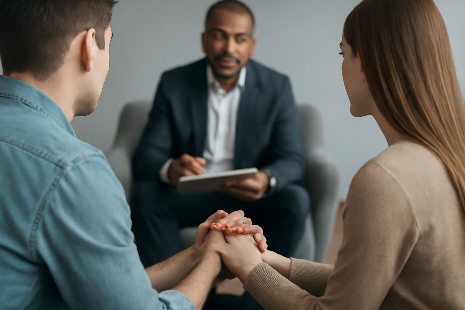 Couple talks with a therapist in a cozy office; How to Choose a Marriage and Family Therapist.