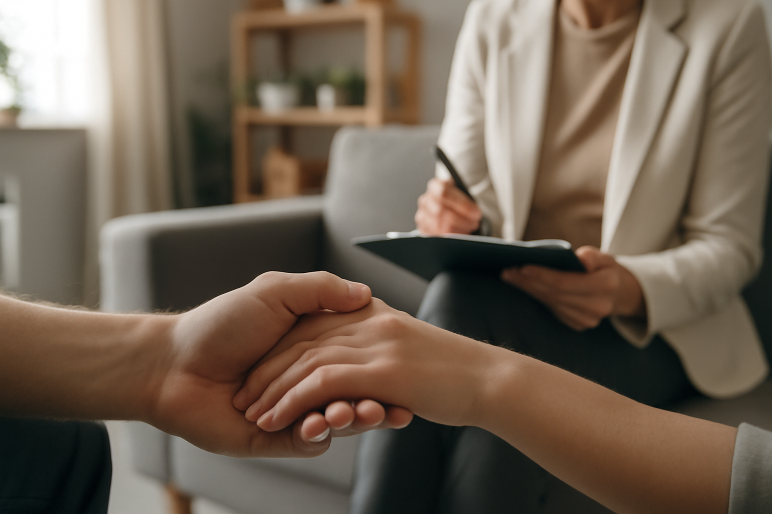 Person reads Therapist Near Me practical guide to local therapy options in a calm office.