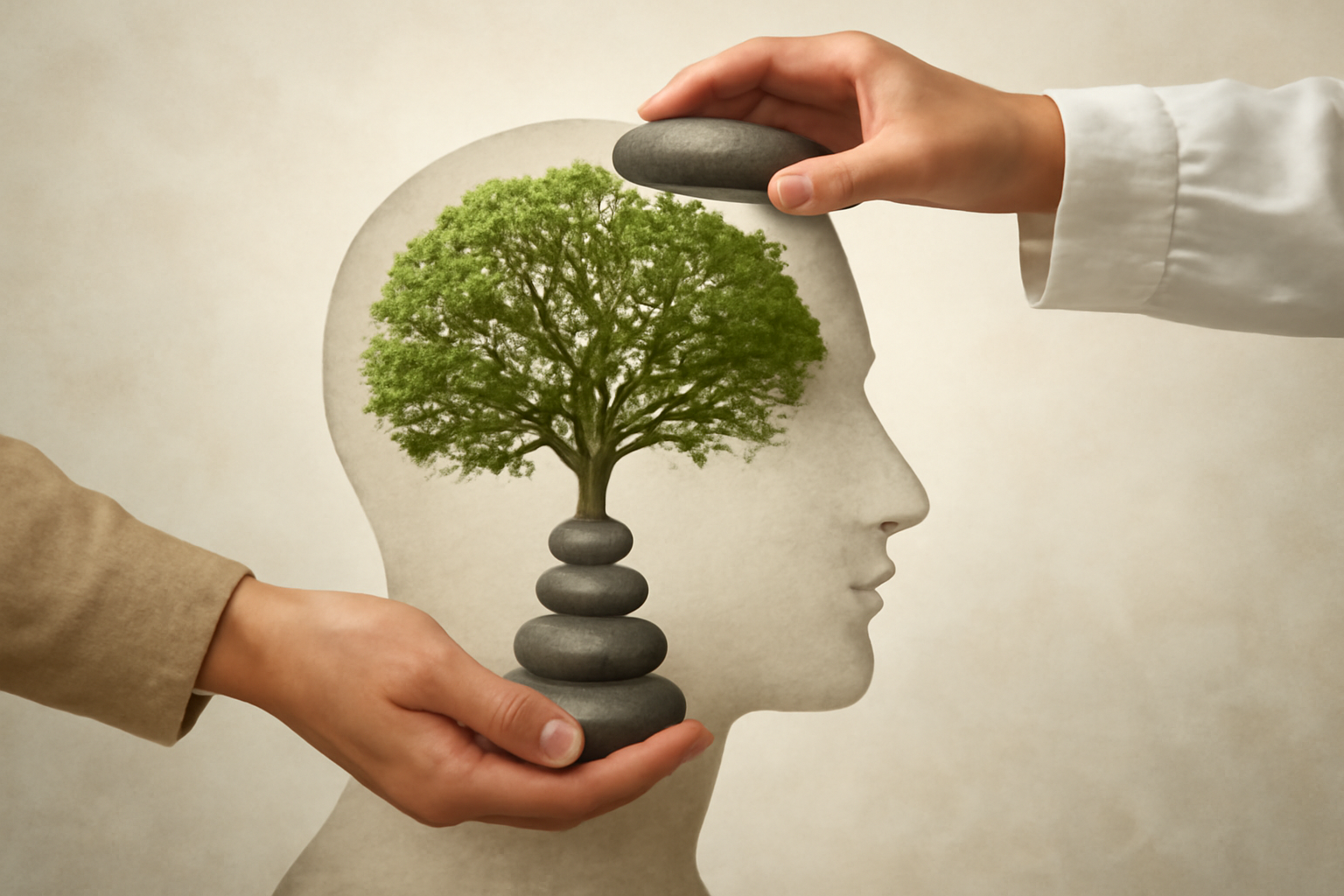 Person meditating; brain and heart icons symbolize integrative mental health and mind-body wellness.