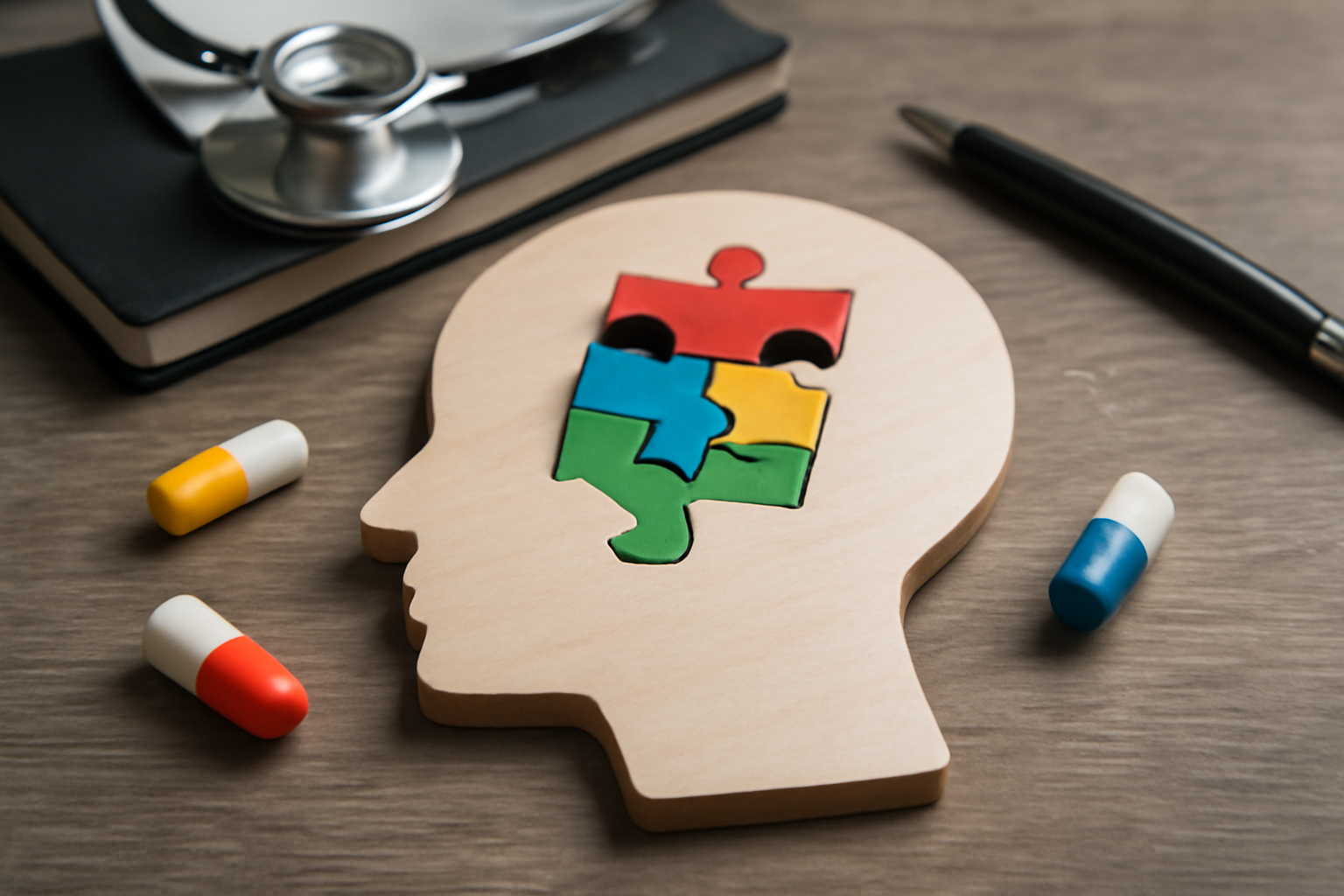 Person examines notes and infographic about ADHD key features, diagnosis, and treatment options.