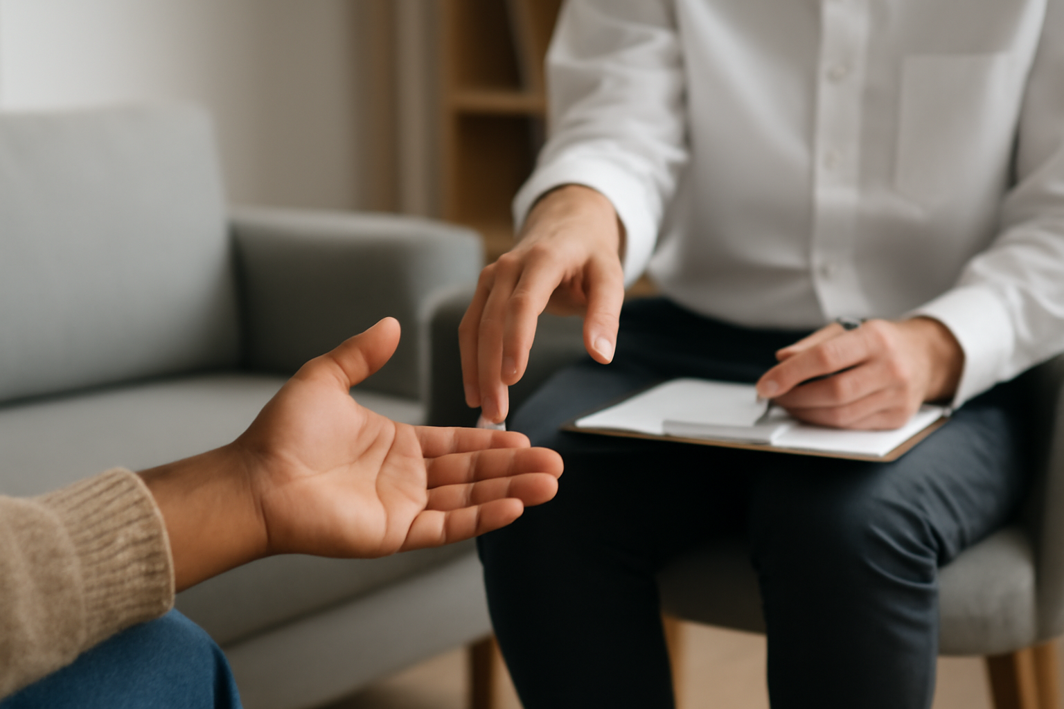 Therapist listens to client in cozy office; What to Expect in Therapy Appointments: A Practical Guide