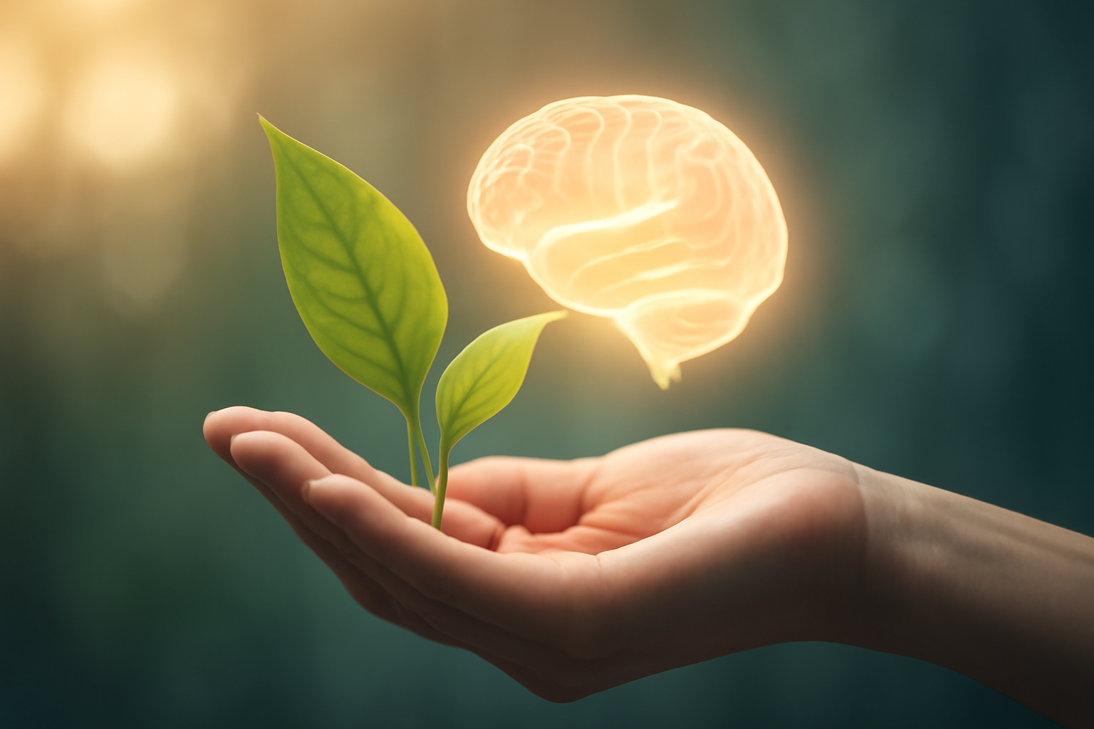 Calm scene with herbs, a meditator, and a book cover titled Complementary Medicine for Mental Health.