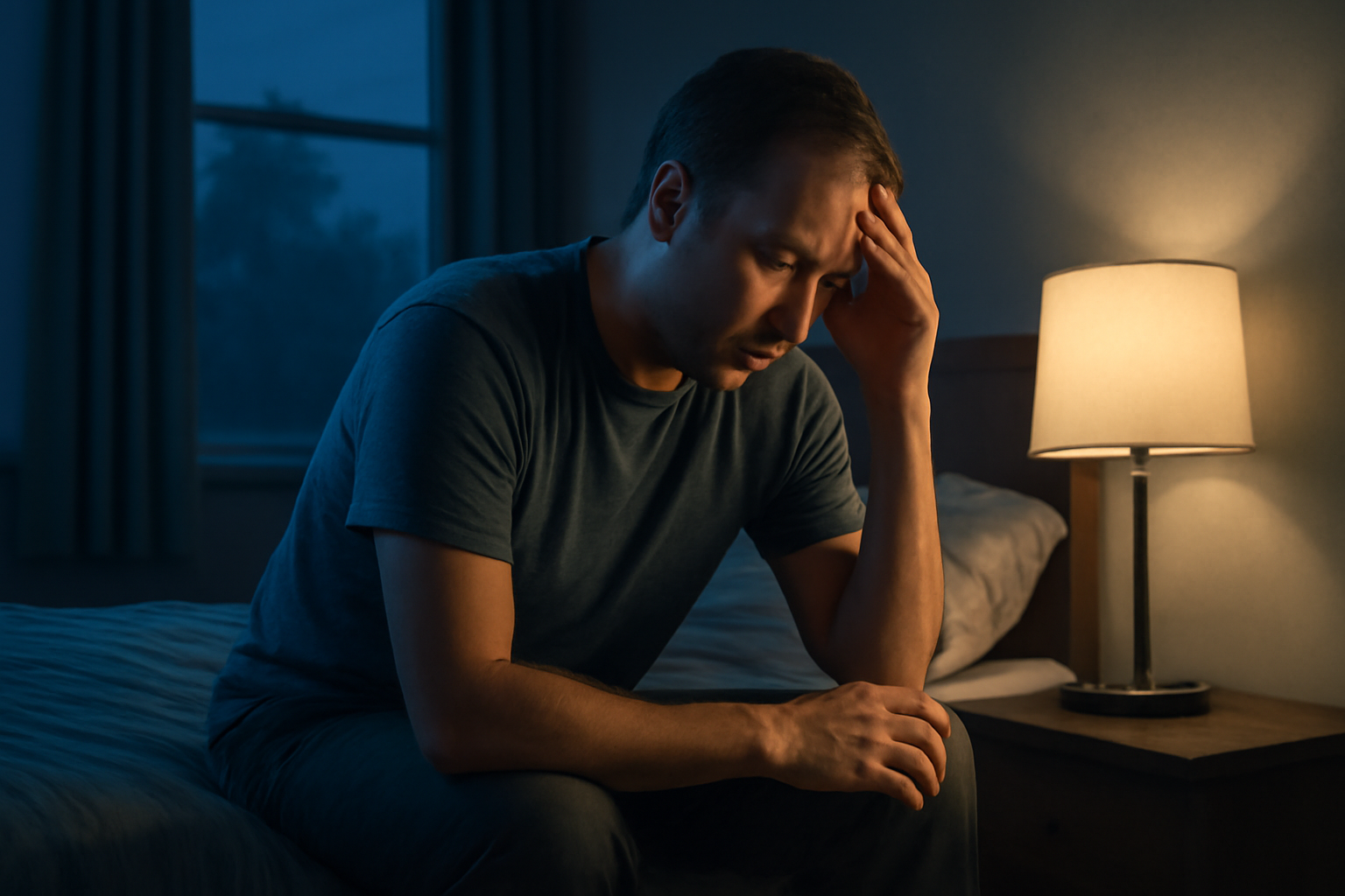 A person sits up in bed at night, thinking with a notebook, practicing CBT-I for insomnia relief.