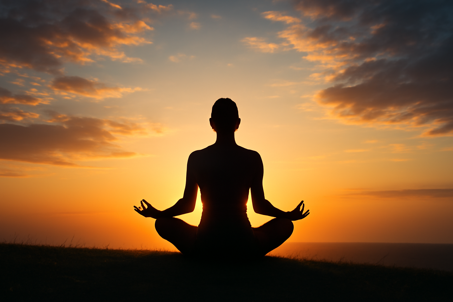 Calm scene with a person meditating; Guided Imagery for Stress Relief, Sleep, and Pain Management.