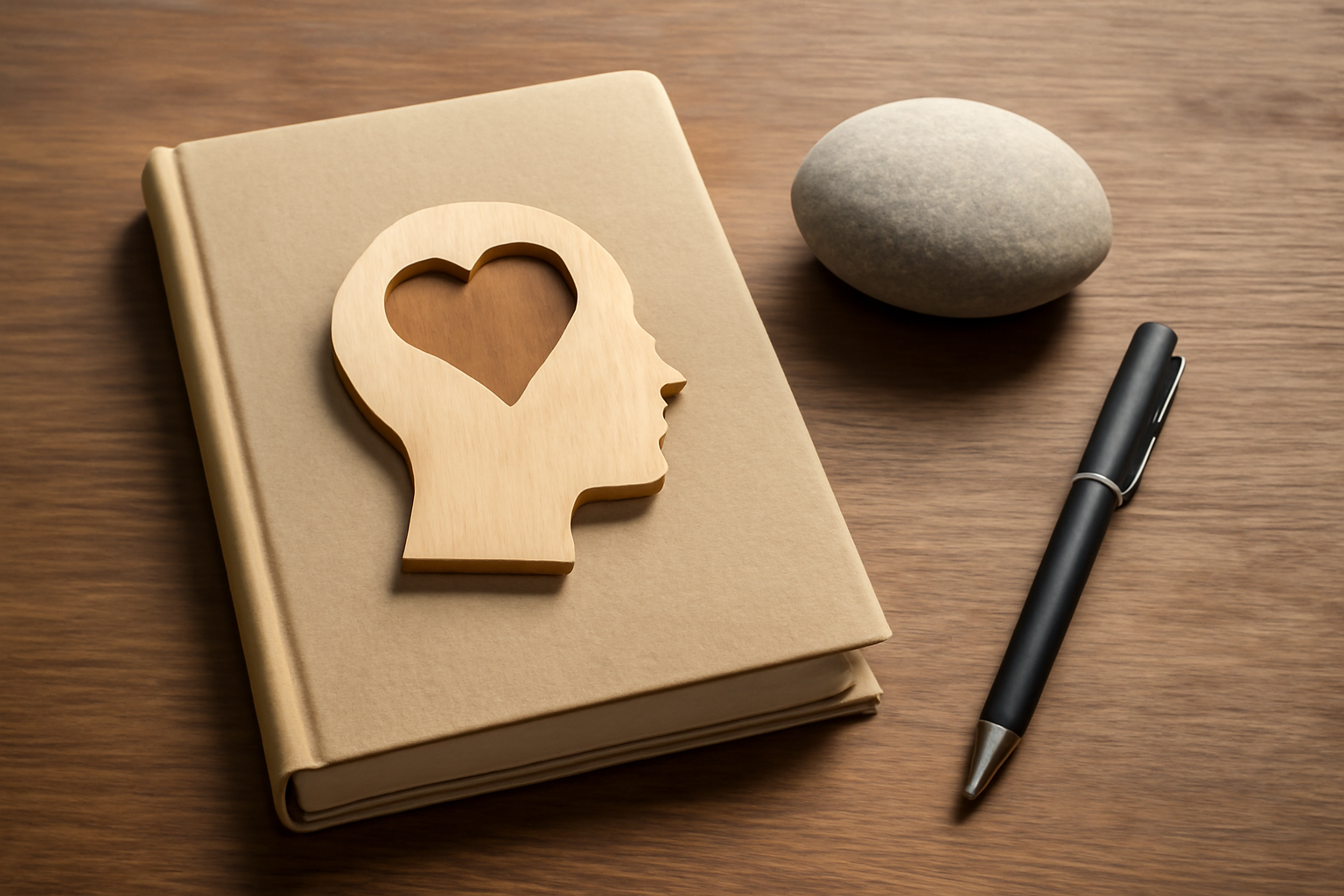 Calm person meditating at a tidy desk with notebook; Self Therapy Essentials on managing stress.