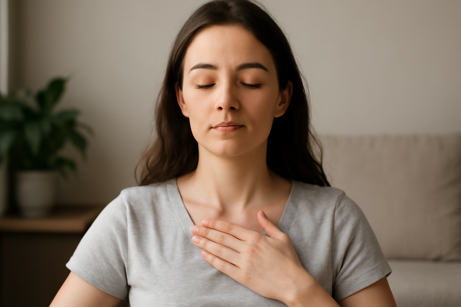 Person sits crosslegged in a calm room practicing deep breathing for stress relief, sleep, and focus.